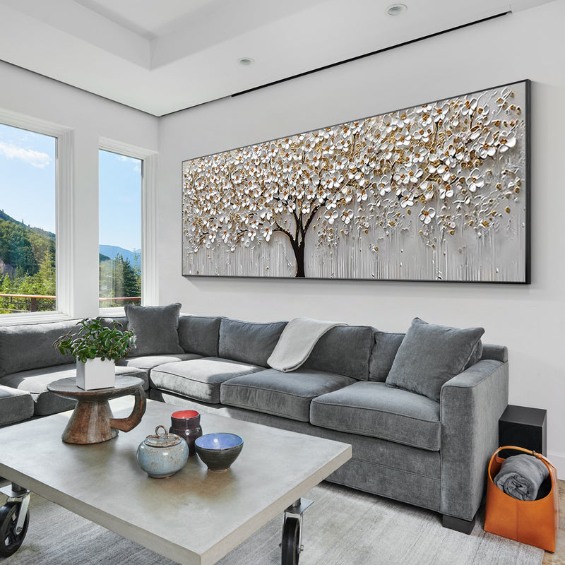 White Gold Flower Painting - 3D Textured Large Wall Art