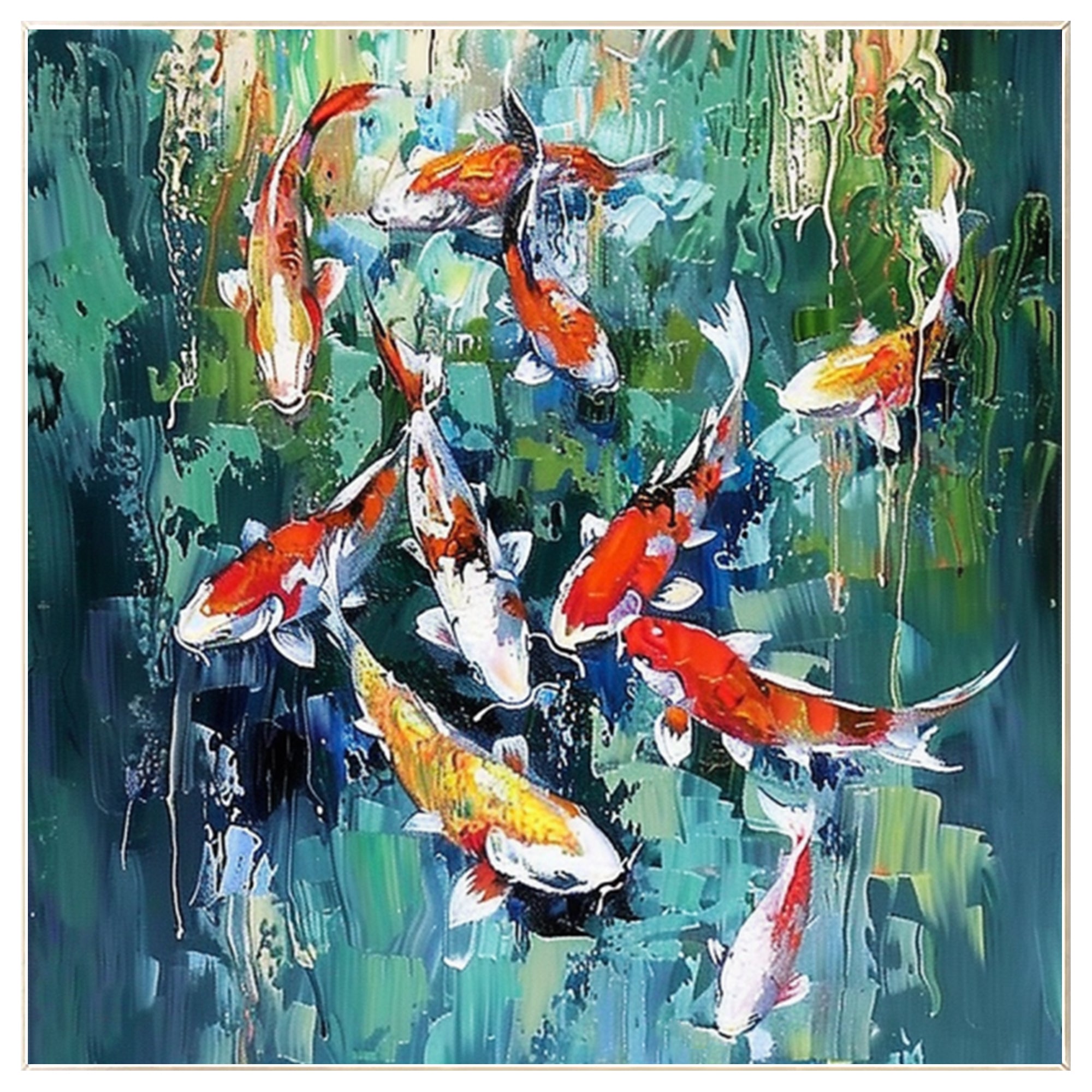 Original Koi Fisch Gemälde - Feng Shui Quadratische grüne Wandkunst