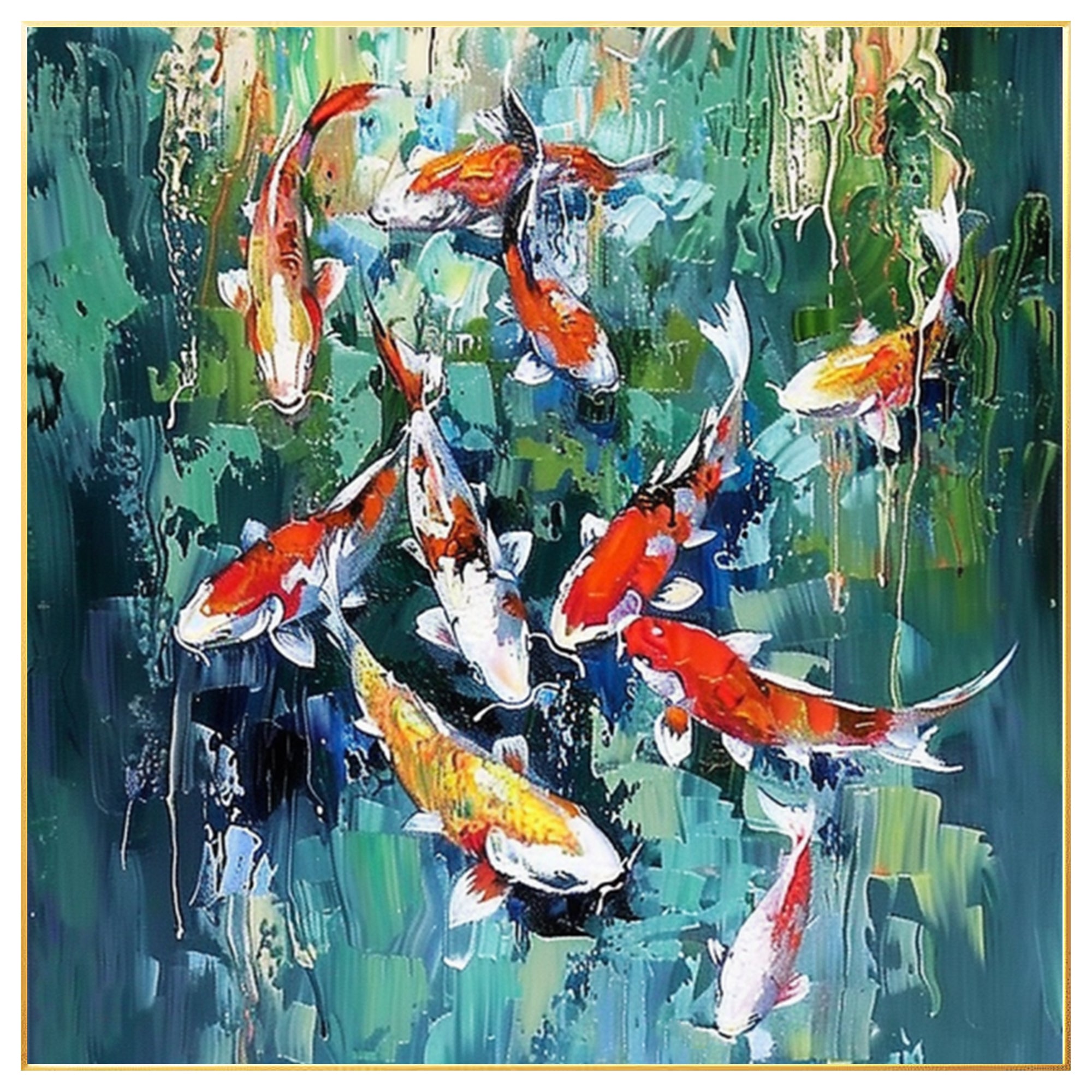 Original Koi Fisch Gemälde - Feng Shui Quadratische grüne Wandkunst