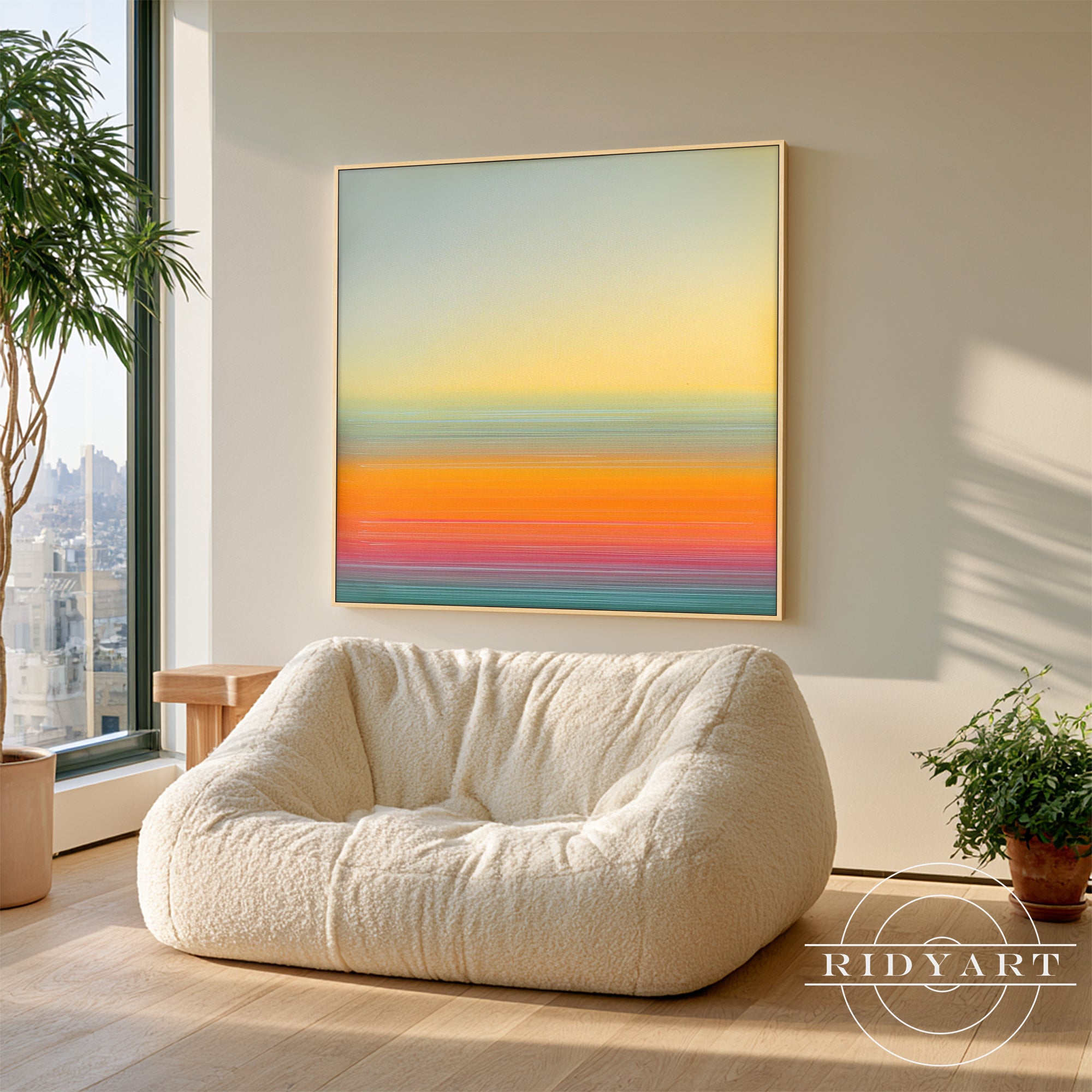 Hand-painted colorful sunset abstract canvas art hanging above modern sofa