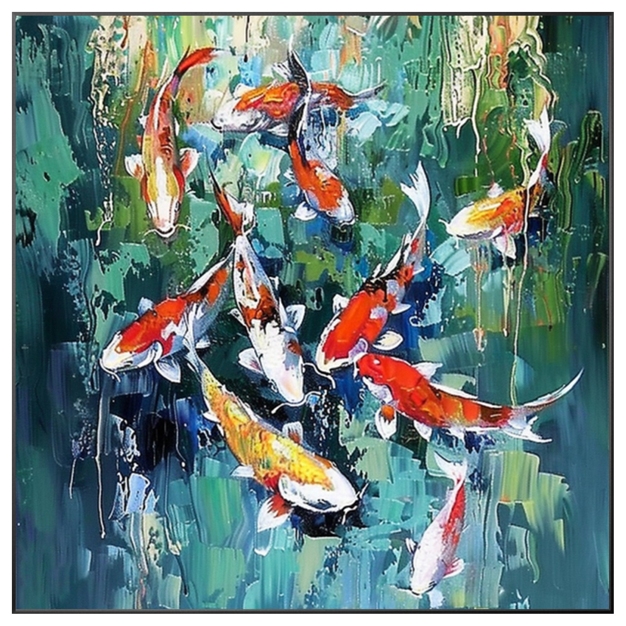 Original Koi Fisch Gemälde - Feng Shui Quadratische grüne Wandkunst