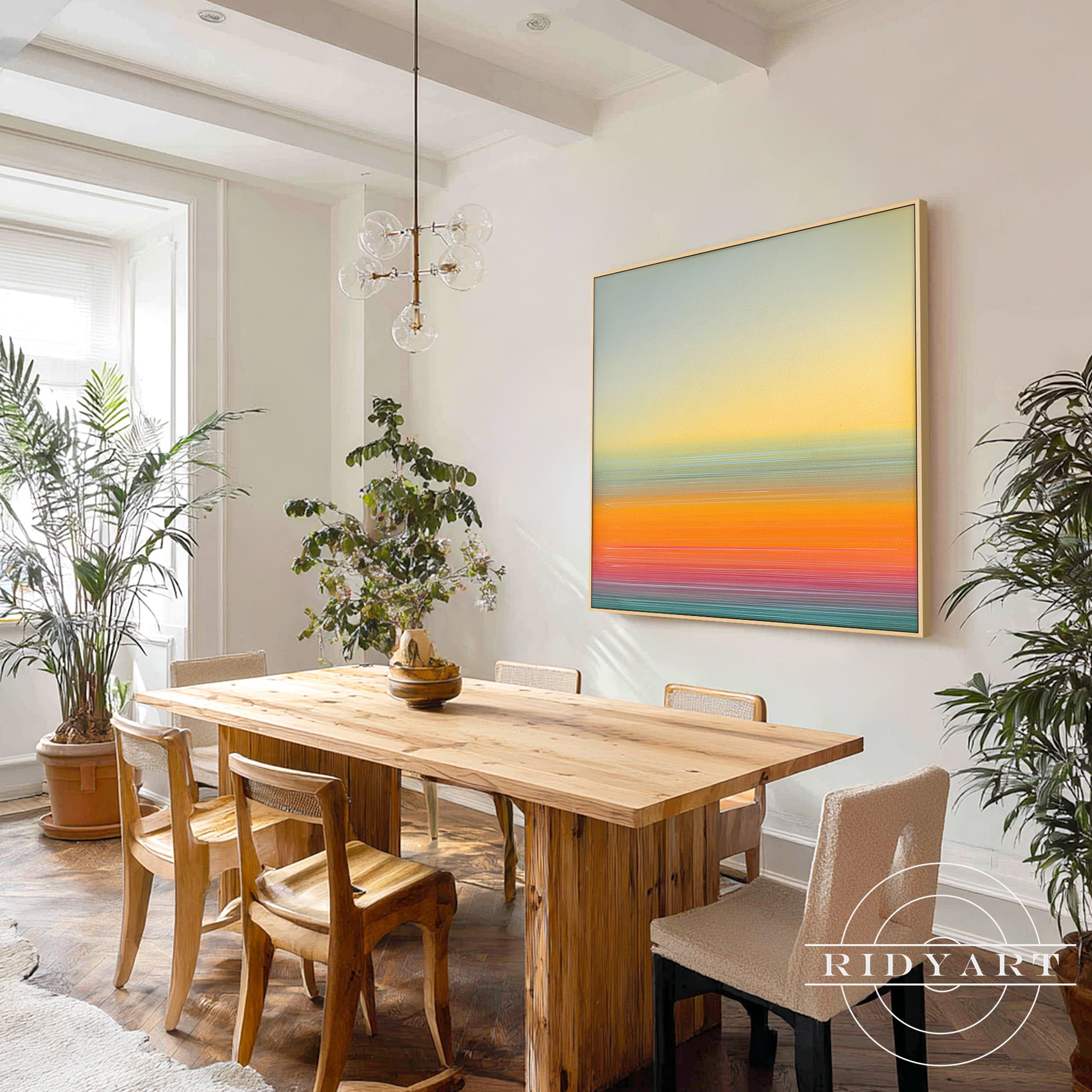 Side angle of floating white frame on hand-painted abstract horizon artwork