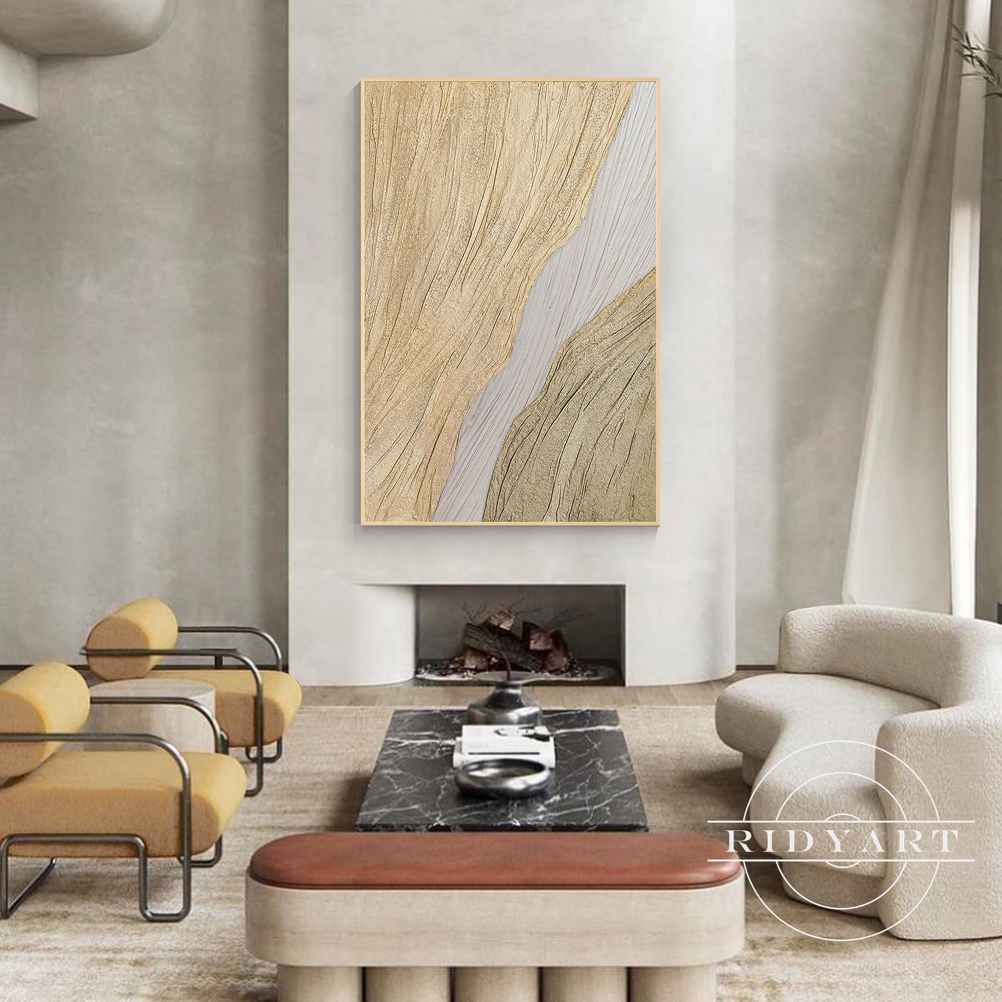 Earth tone wall art featuring textured wave forms in brown