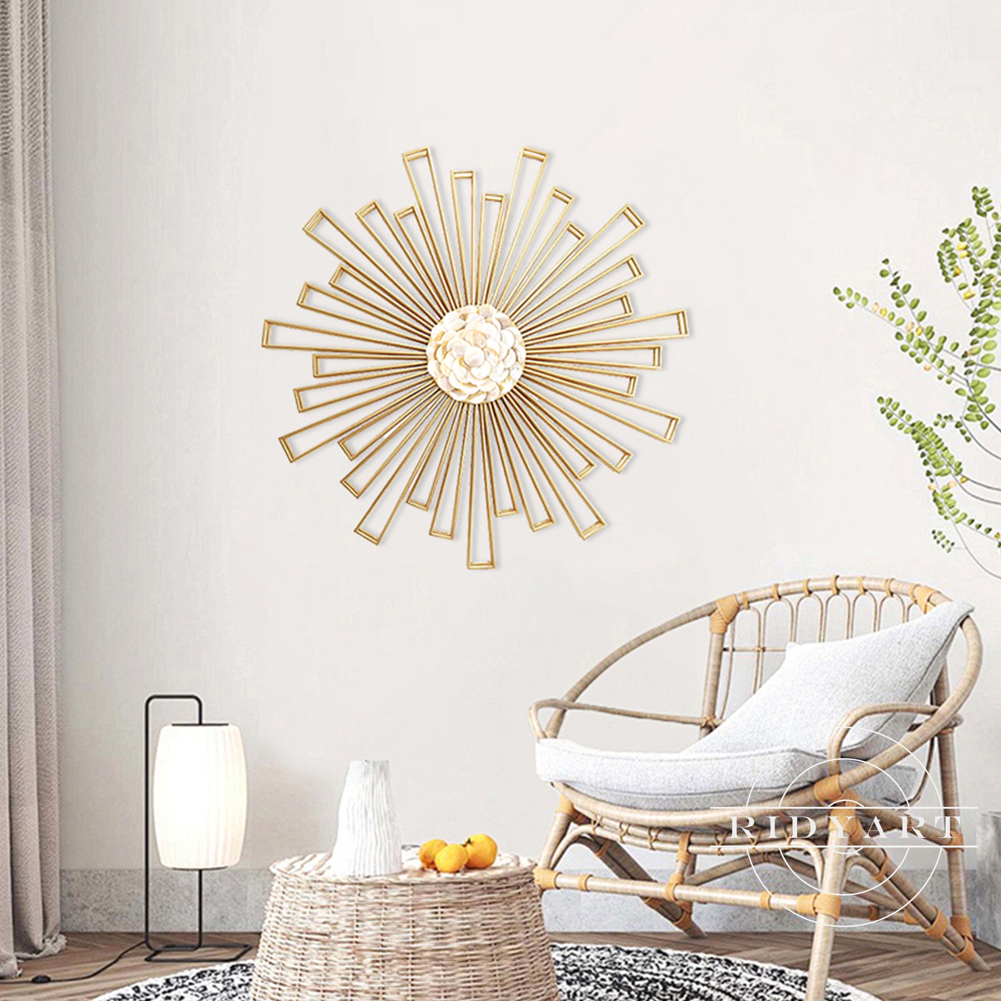 3D gold sunburst metal wall art