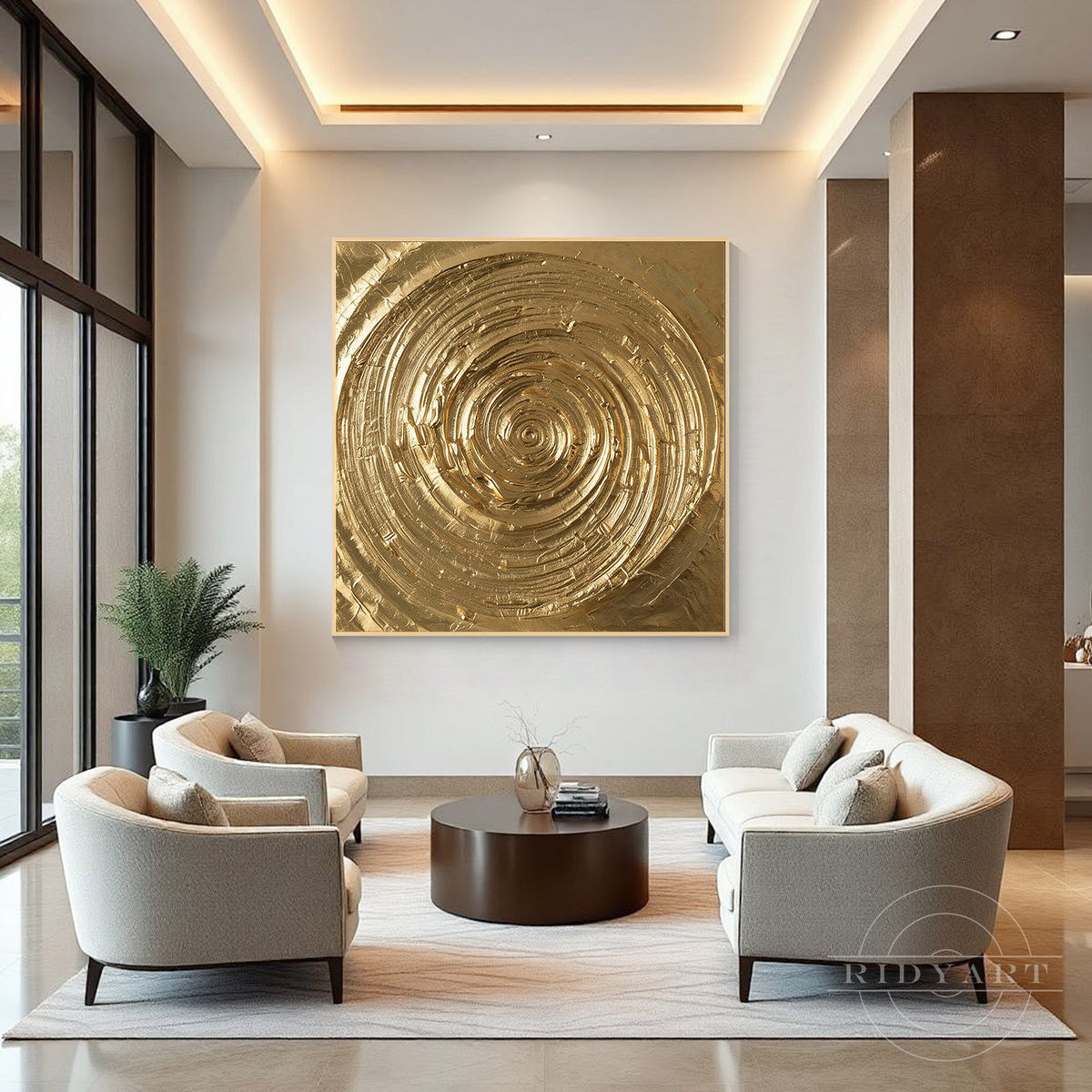Statement 3D gold vortex canvas wall decor enhancing the interior aesthetics of a high-end luxury lounge.