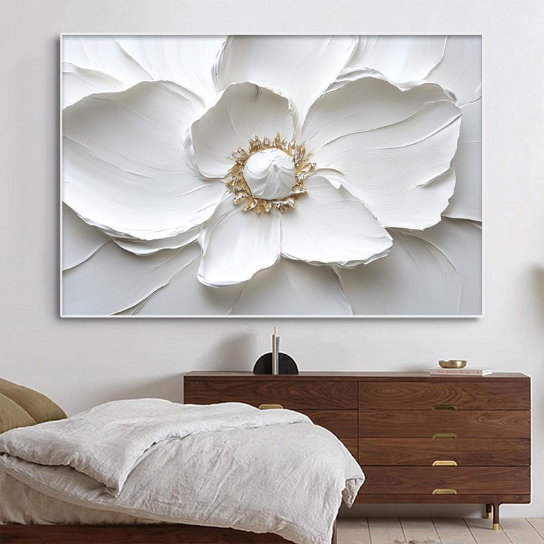 Abstract white flower oil painting with 3D impasto texture