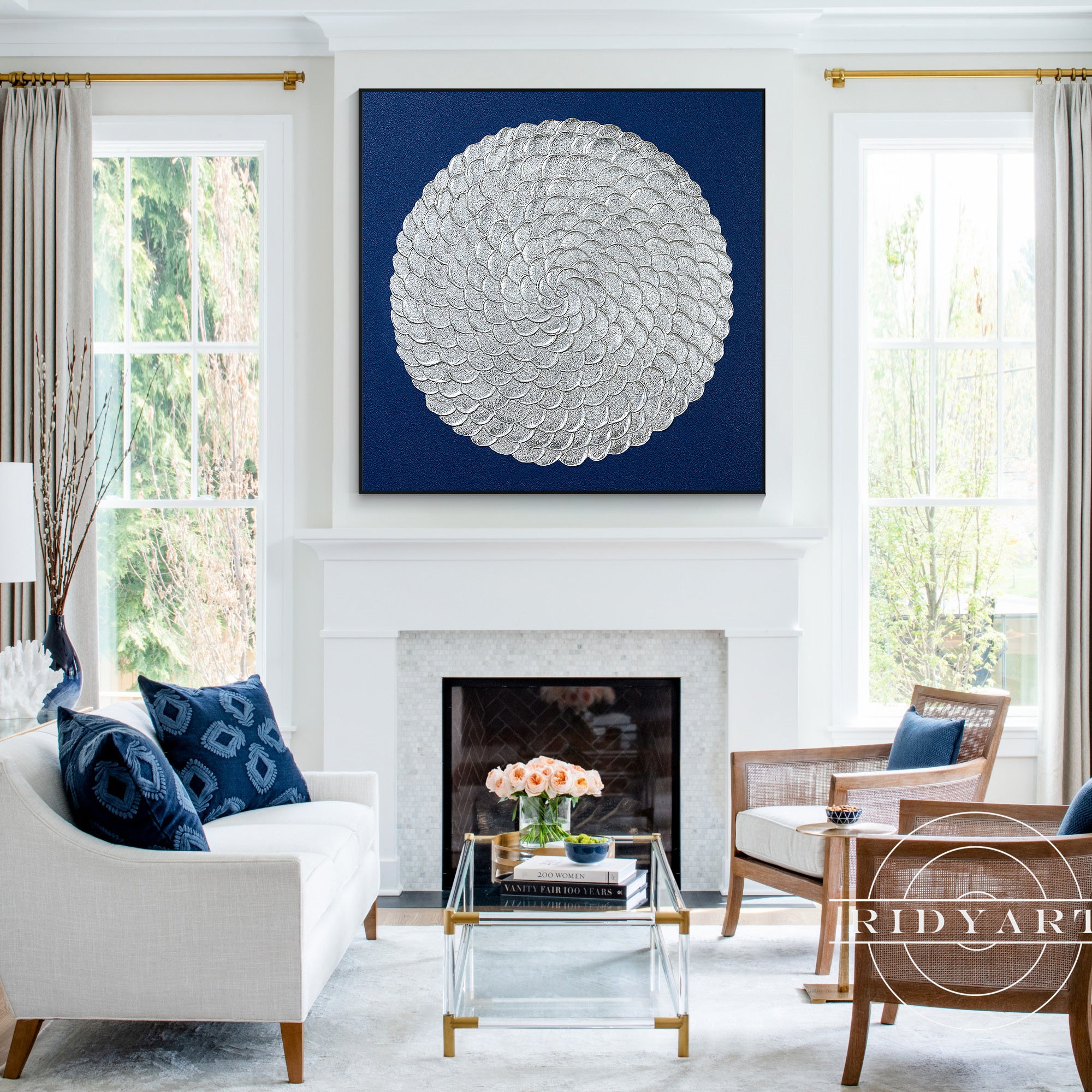 Circular textured wall art in navy and silver for calming decor