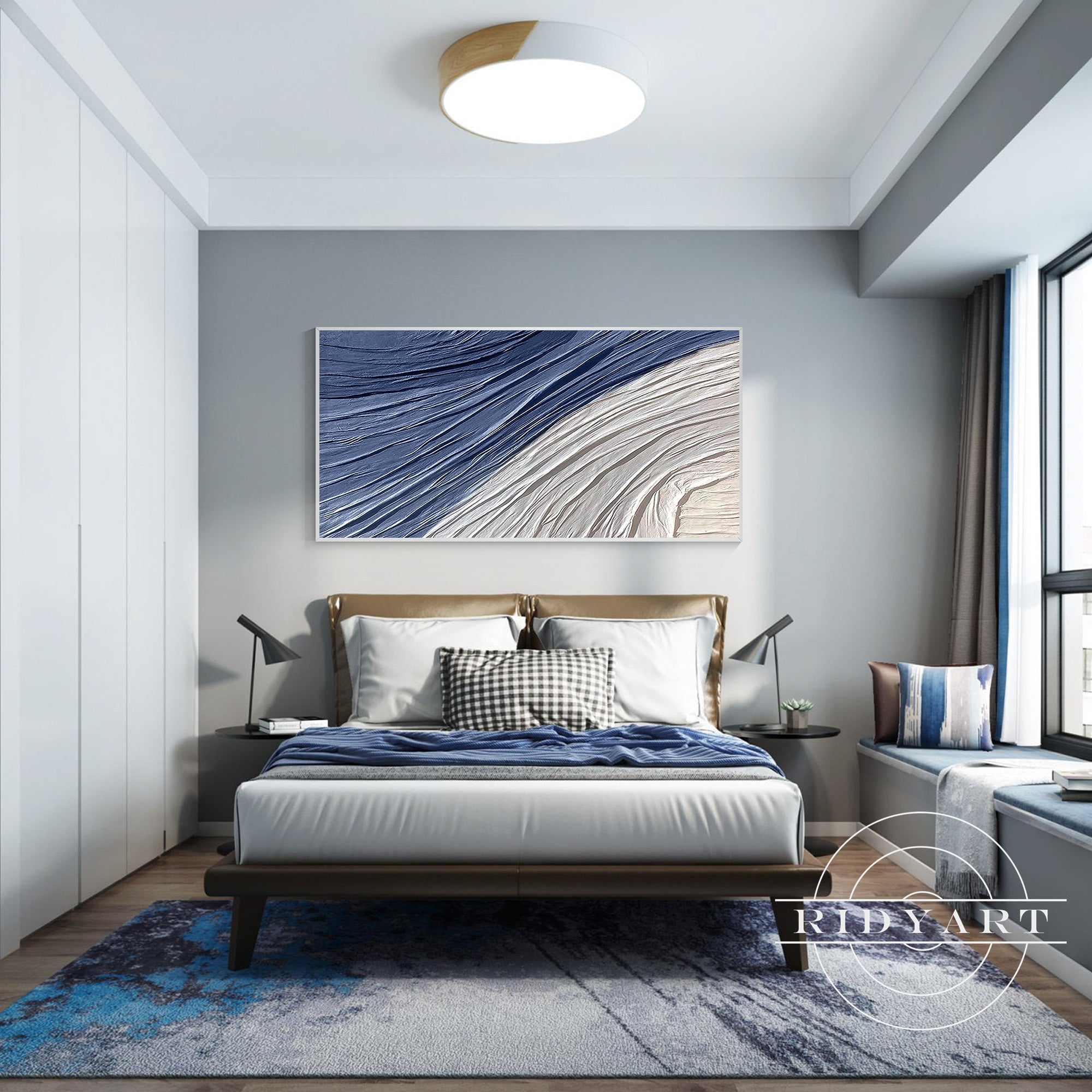 Oversized navy plaster canvas painting for modern home decor