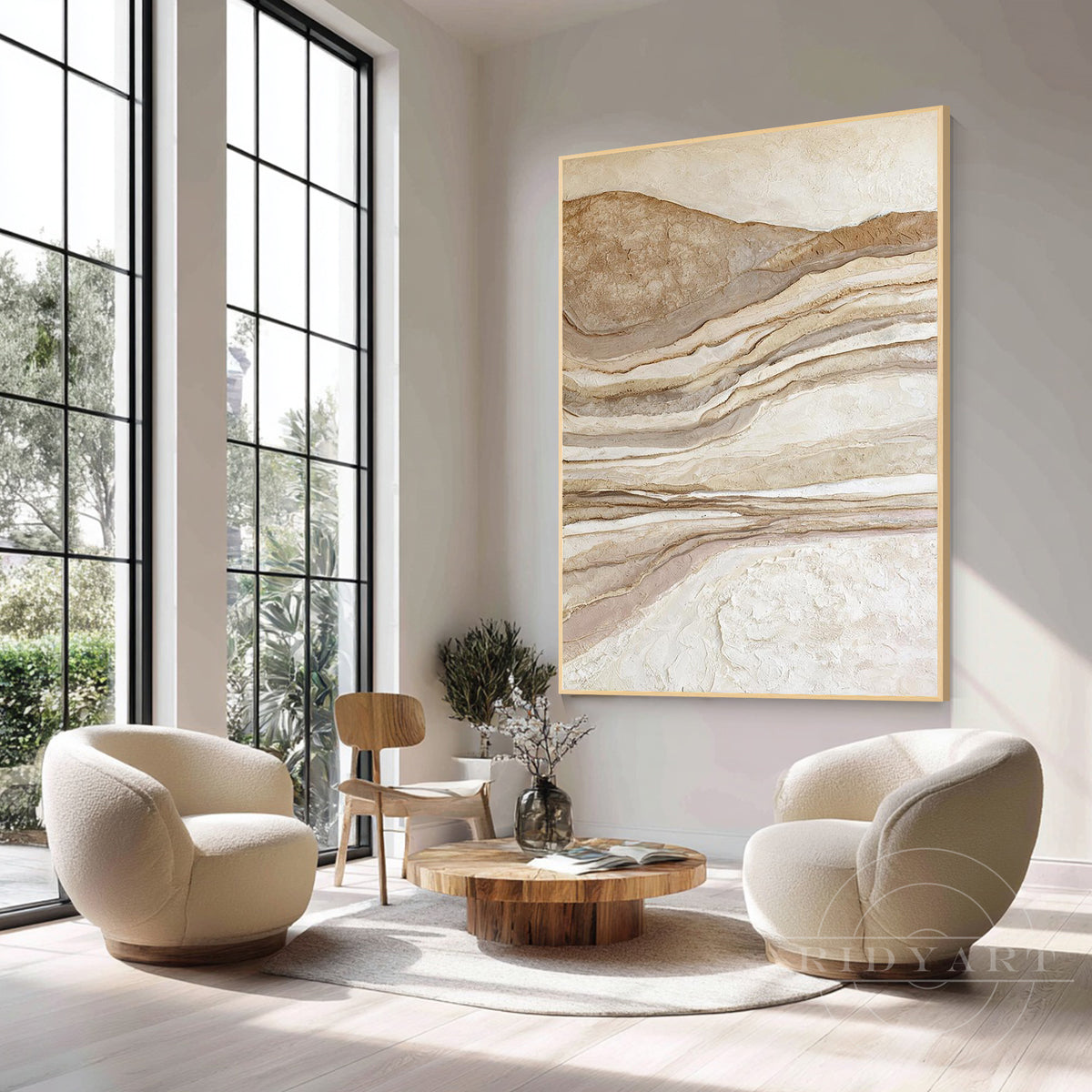 Close-up shot showing soft natural light and shadows playing across the 3D wavy plaster texture of a beige and brown abstract canvas.