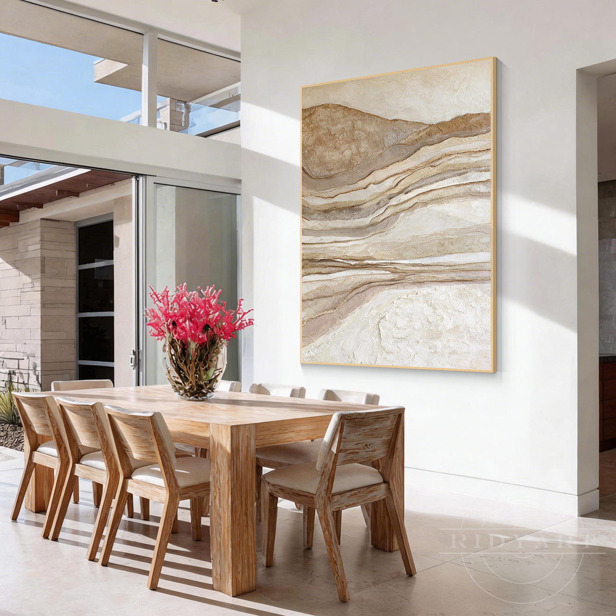 Side angle view of abstract desert-inspired textured wall art showing thick plaster waves and rich tactile depth on framed canvas.