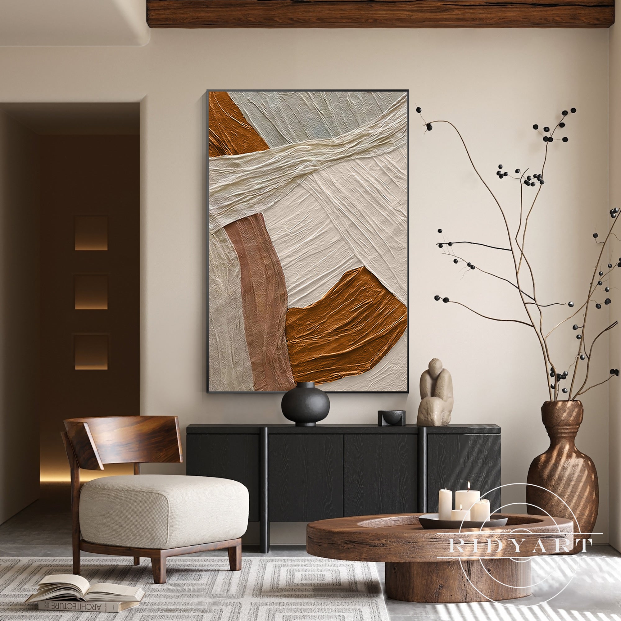 Earth-inspired abstract canvas with sculptural details