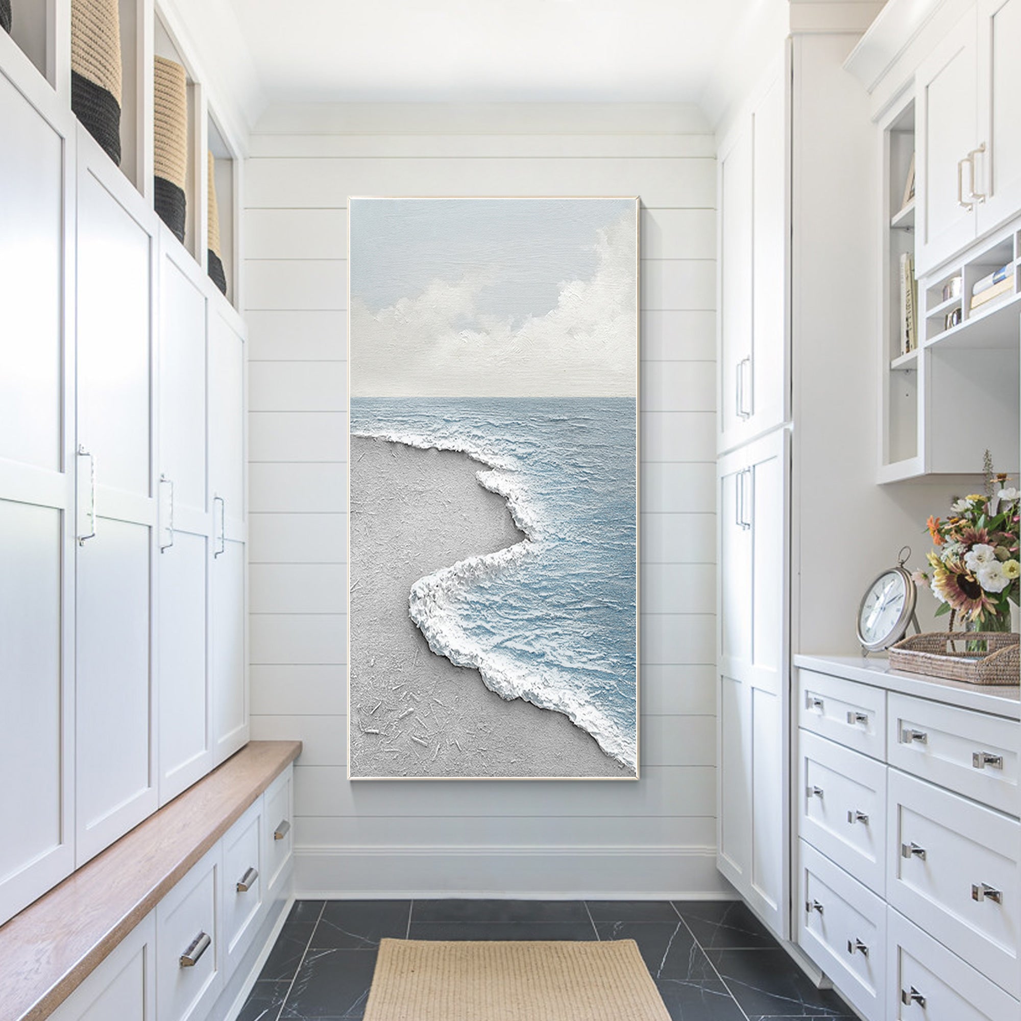 White sea wave and gray coastal abstract wall art