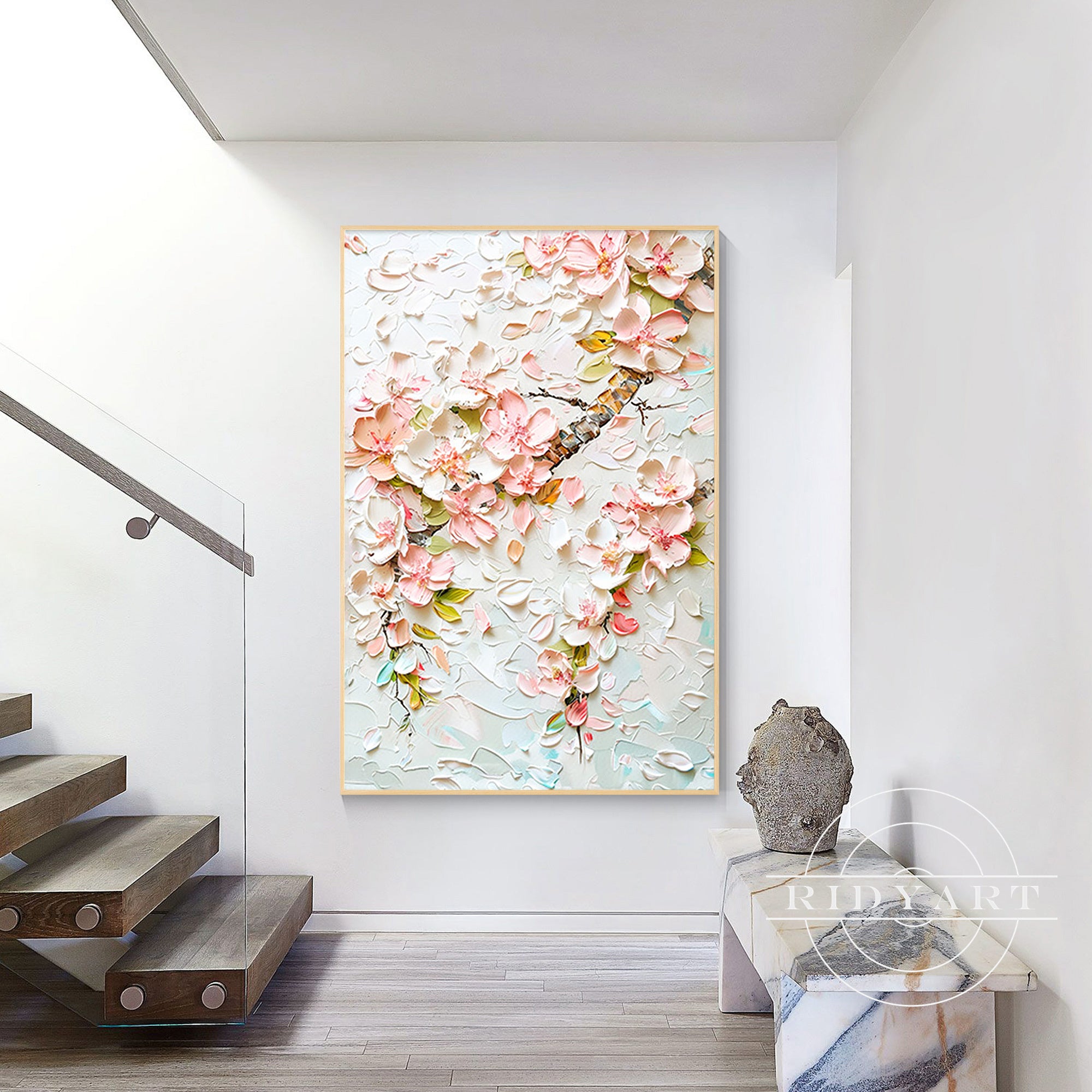 Extra large floral canvas painting in soft neutral tones
