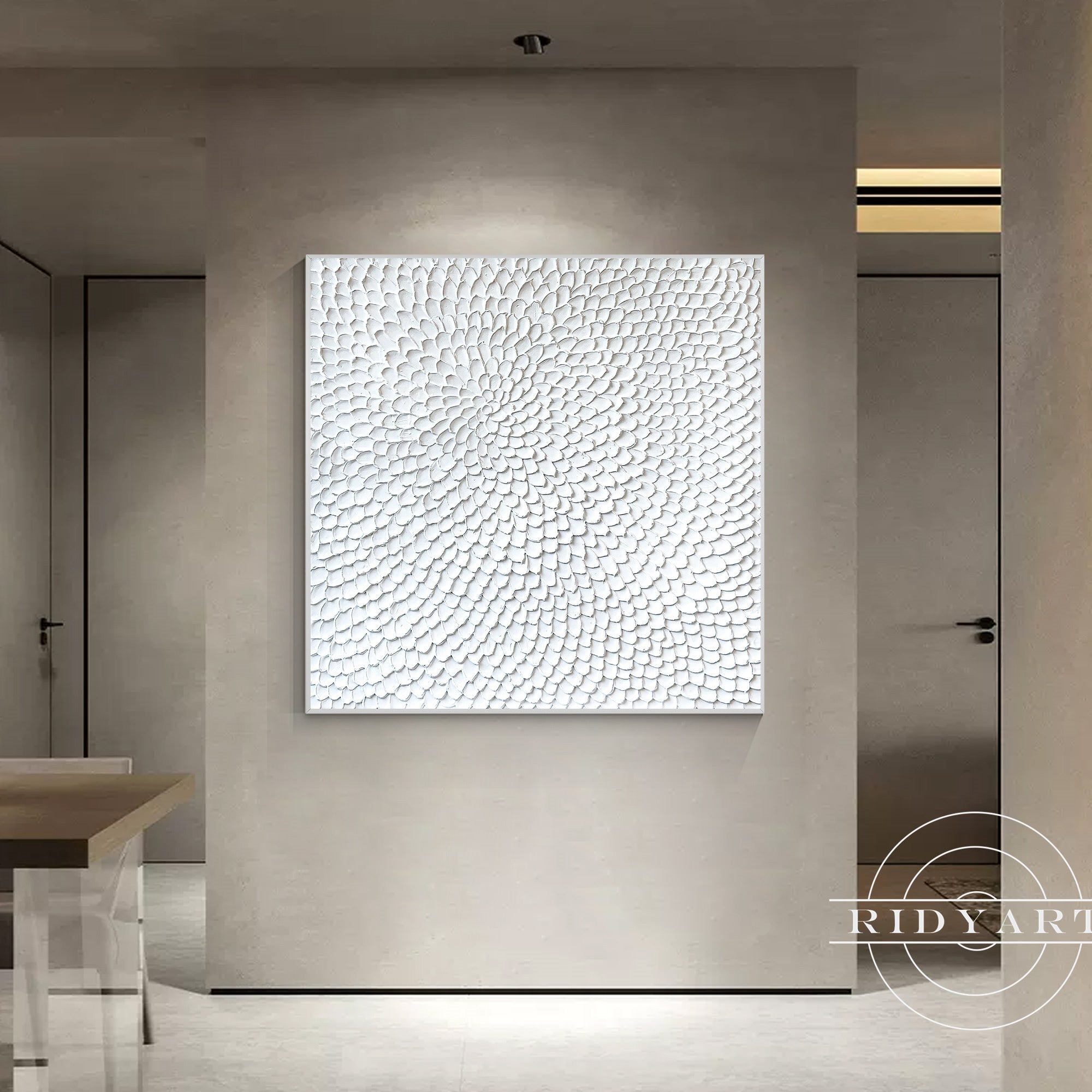Minimalist plaster painting with sculptural floral design