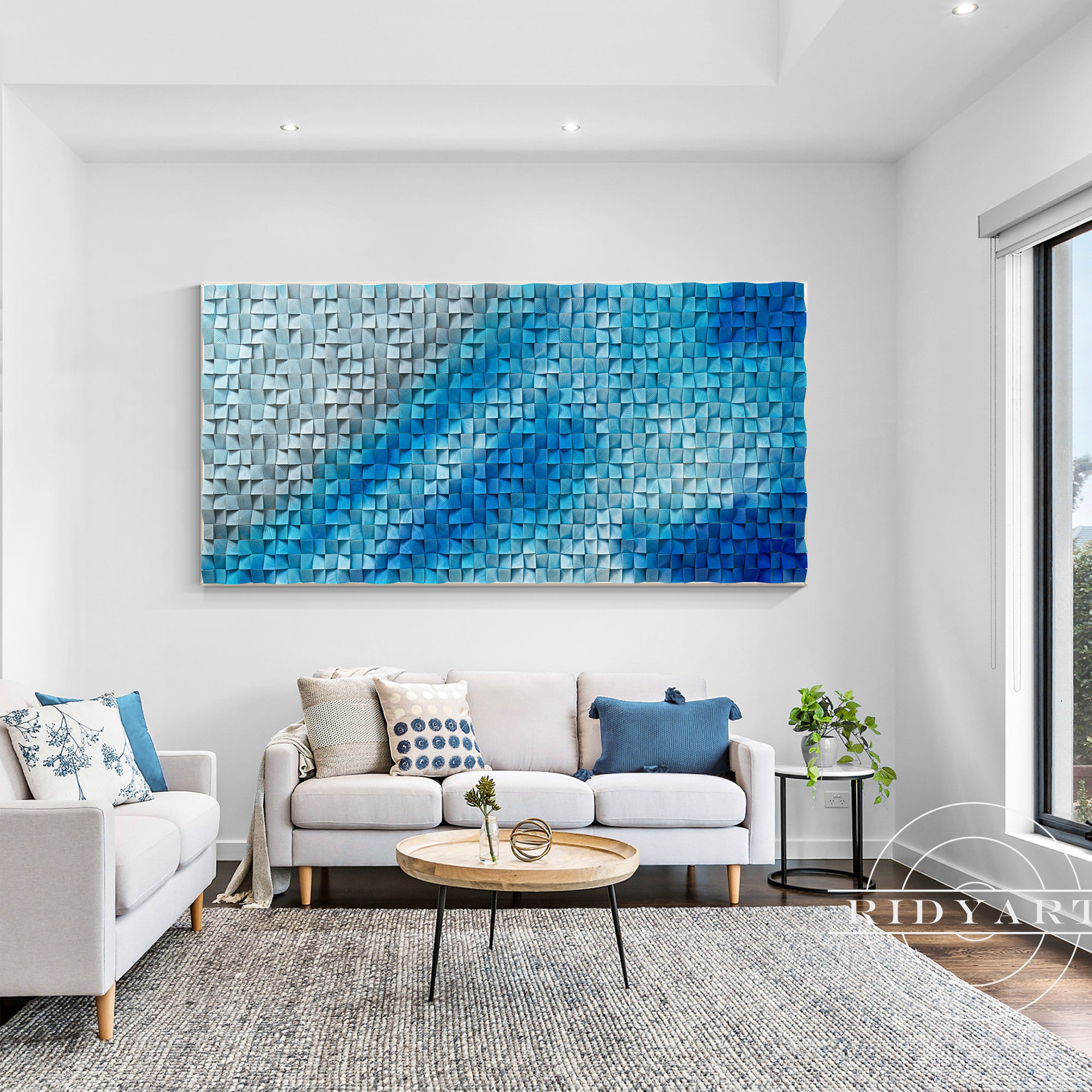 3D wooden sound diffusor wall art with blue and teal mosaic