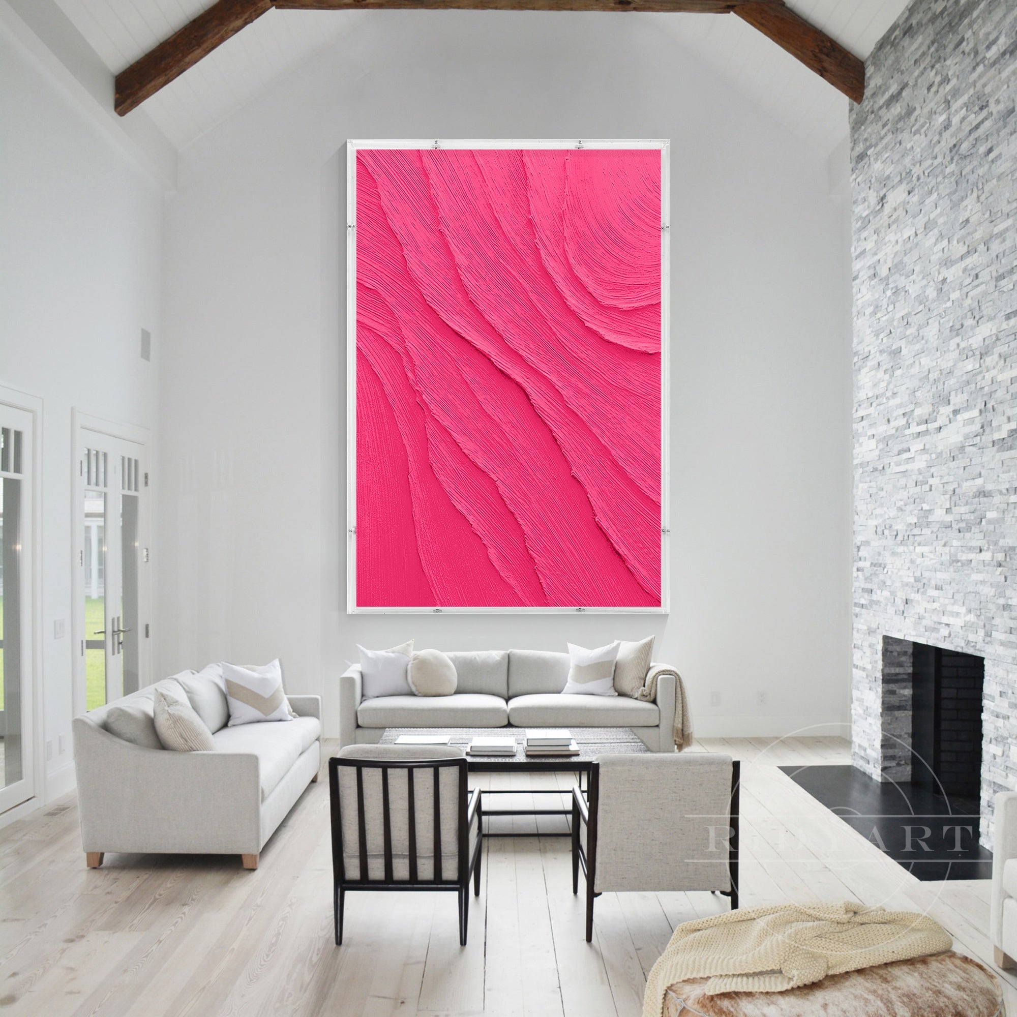 Contemporary pink abstract painting displayed in elegant hallway