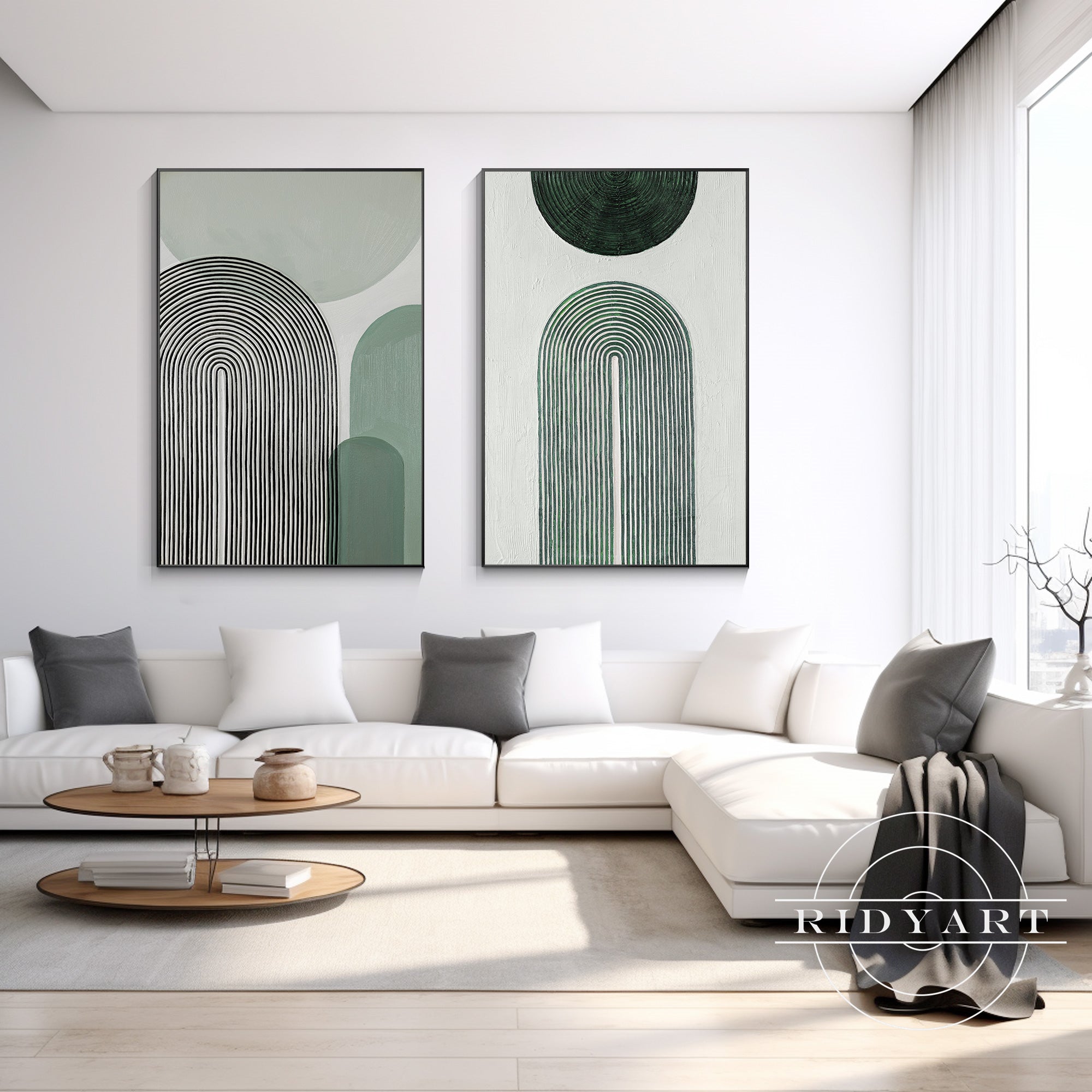 Set of 2 Sage Green Abstract Geometric Painting