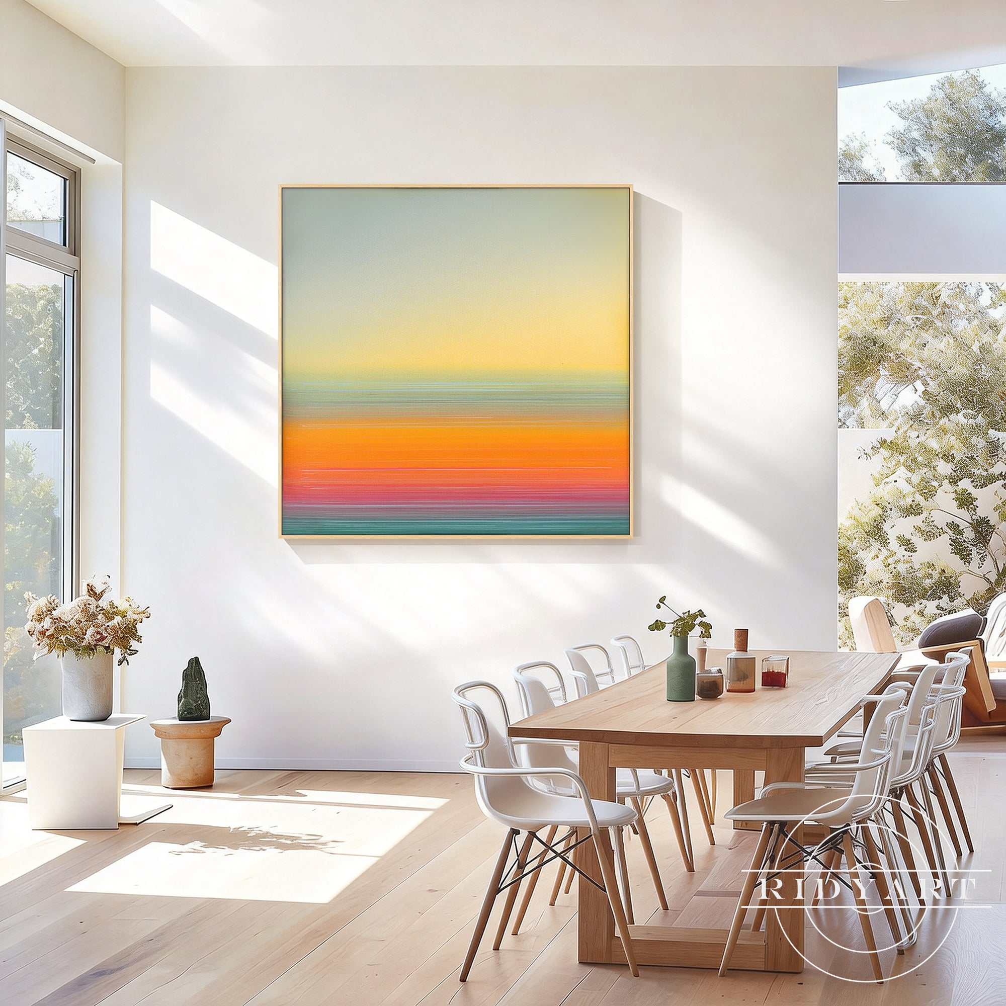 Serene sunset gradient original oil painting wall decor above bed frame