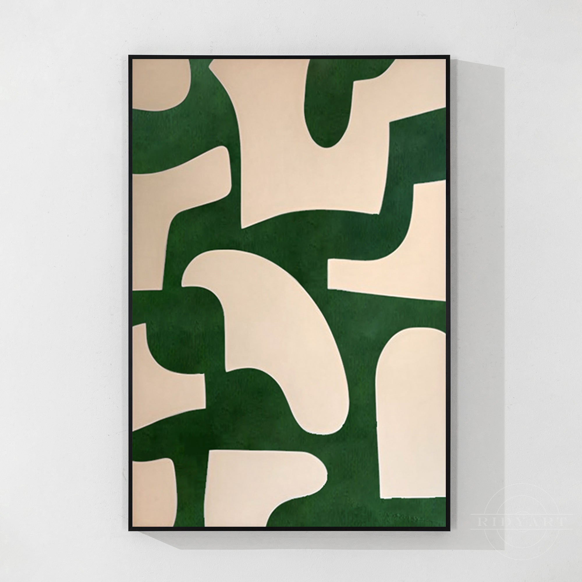 Beige Emerald Green Abstract Art Vertical Organic Shape