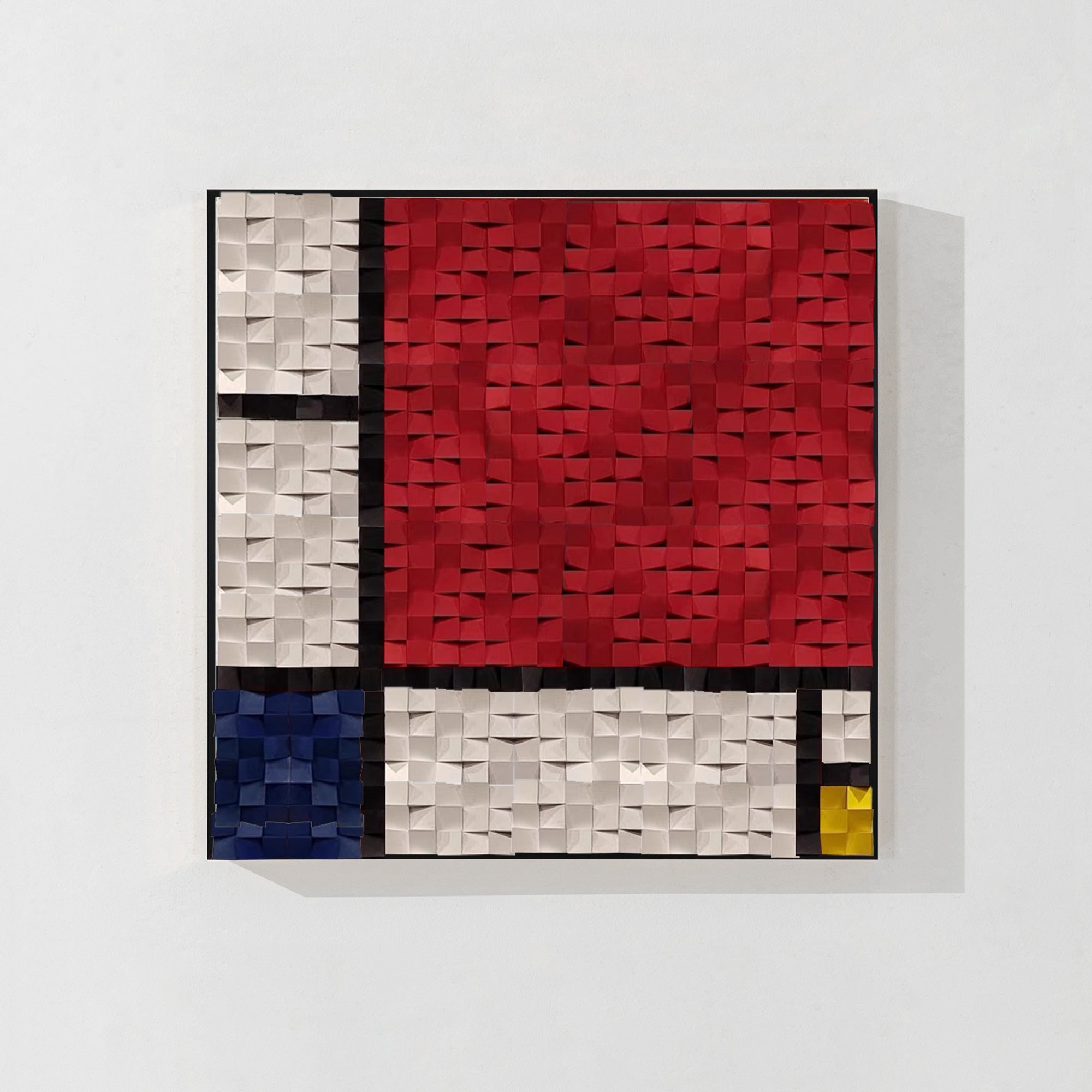 Abstract red and blue wood wall art with cube design