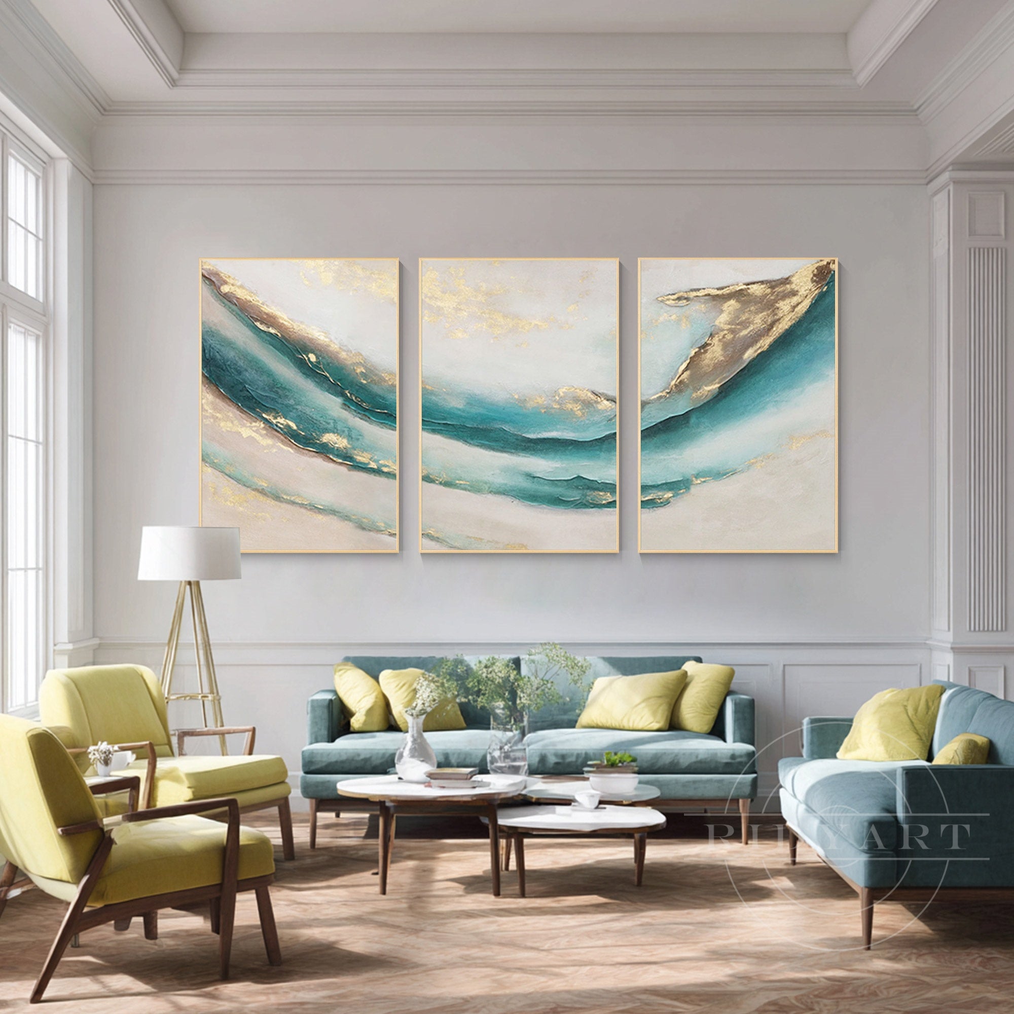 Set of 3 teal Gold abstract oil painting Home Decor