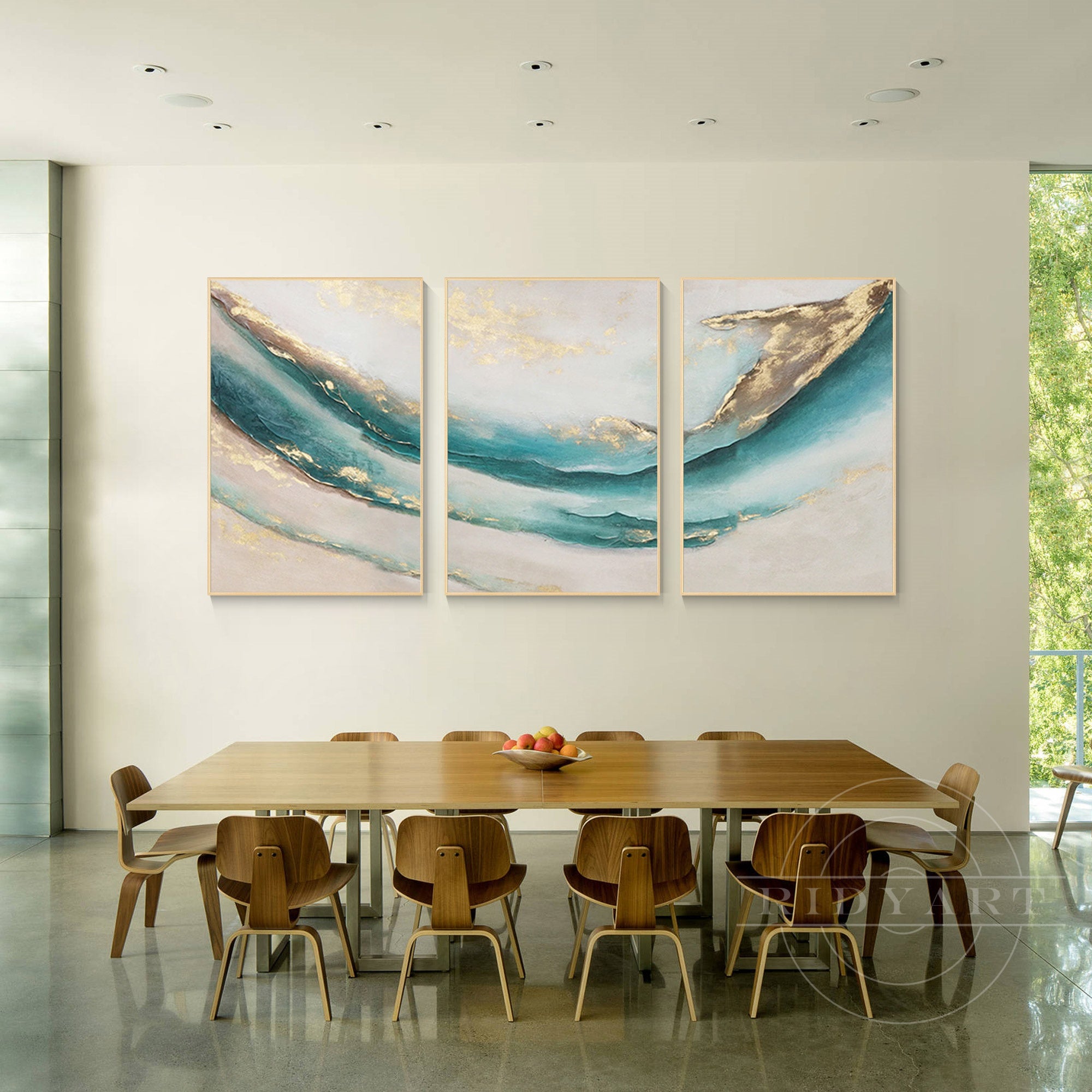 Set of 3 teal Gold abstract oil painting Home Decor