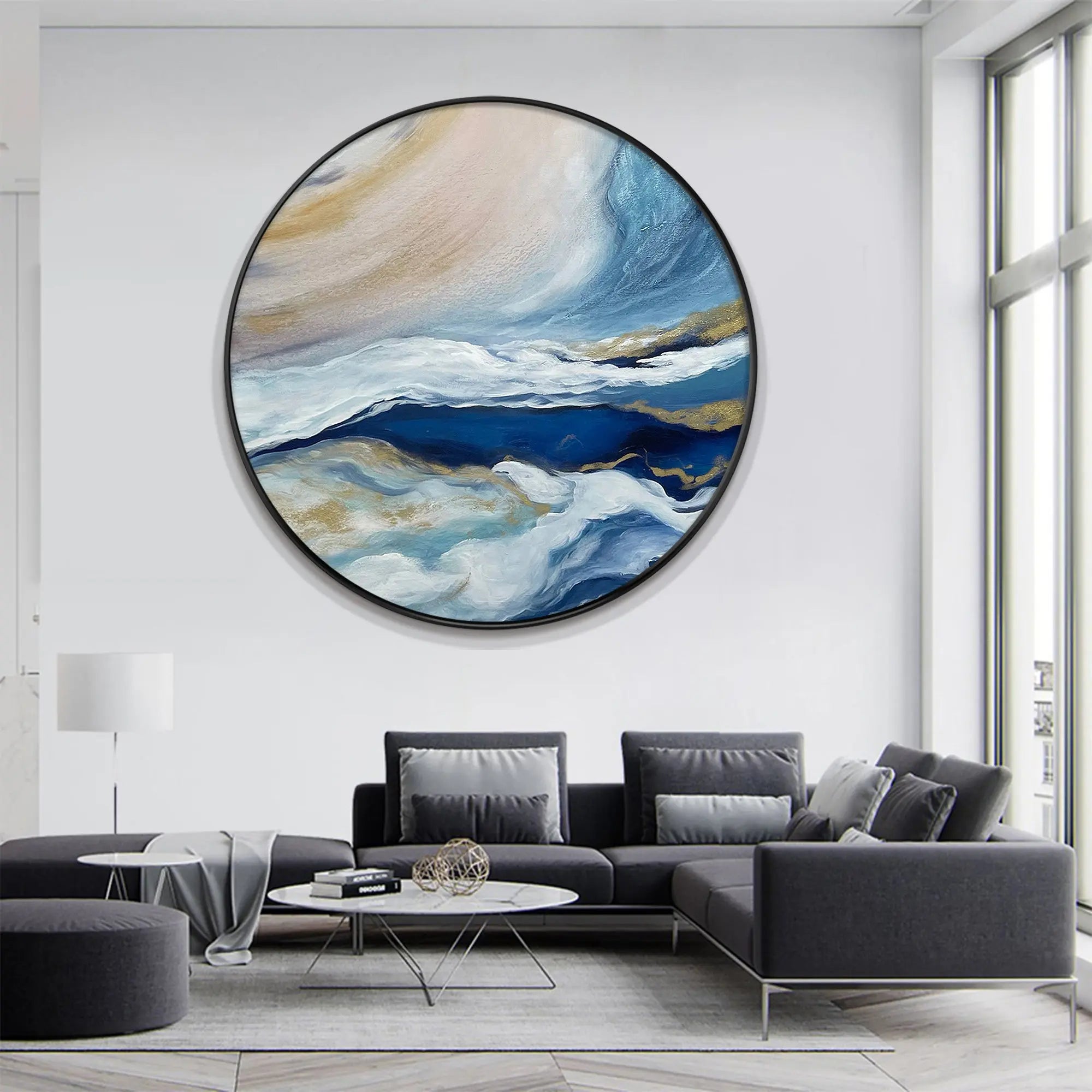Round Abstract Blue Sea Painting RIDYART