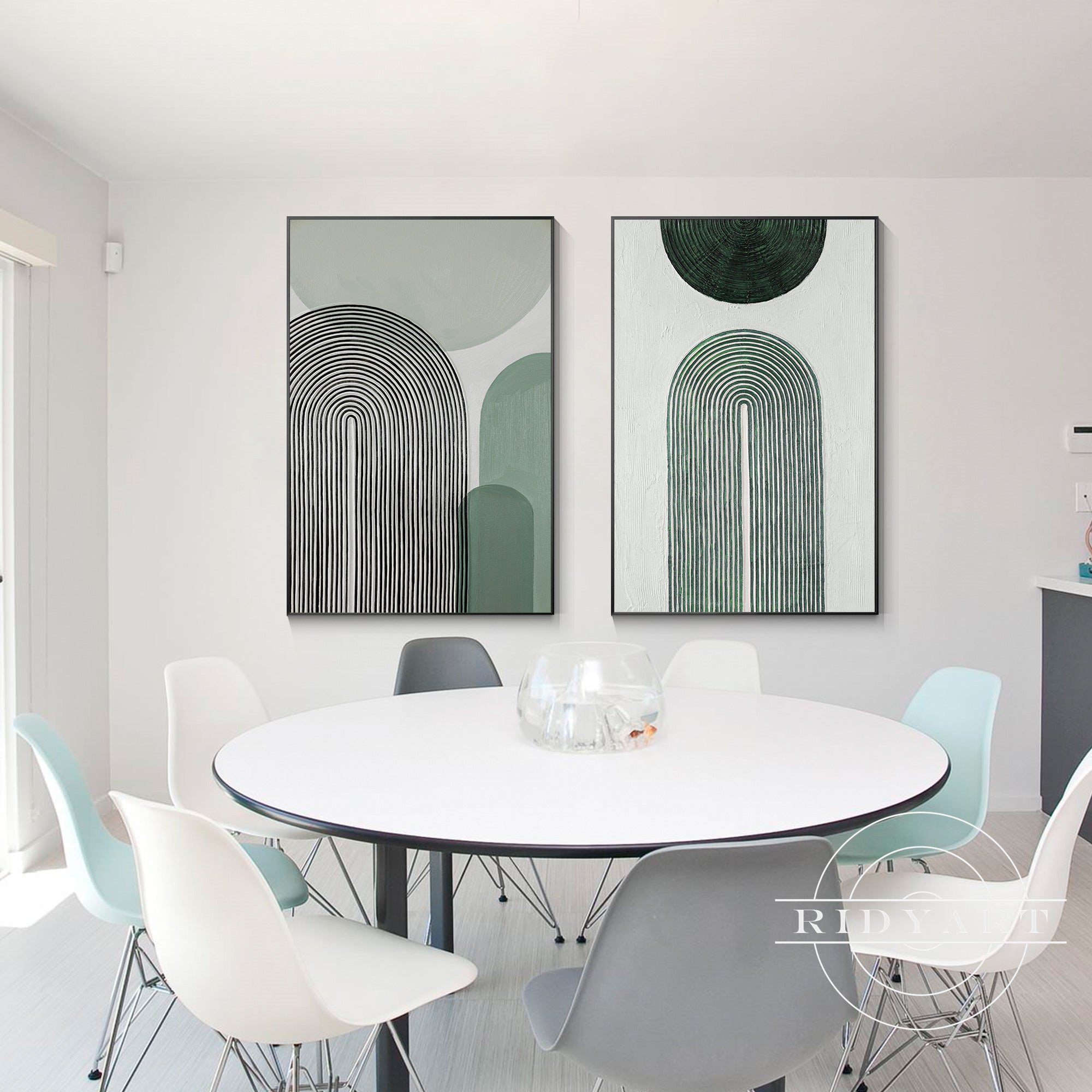 Set of 2 Sage Green Abstract Geometric Painting