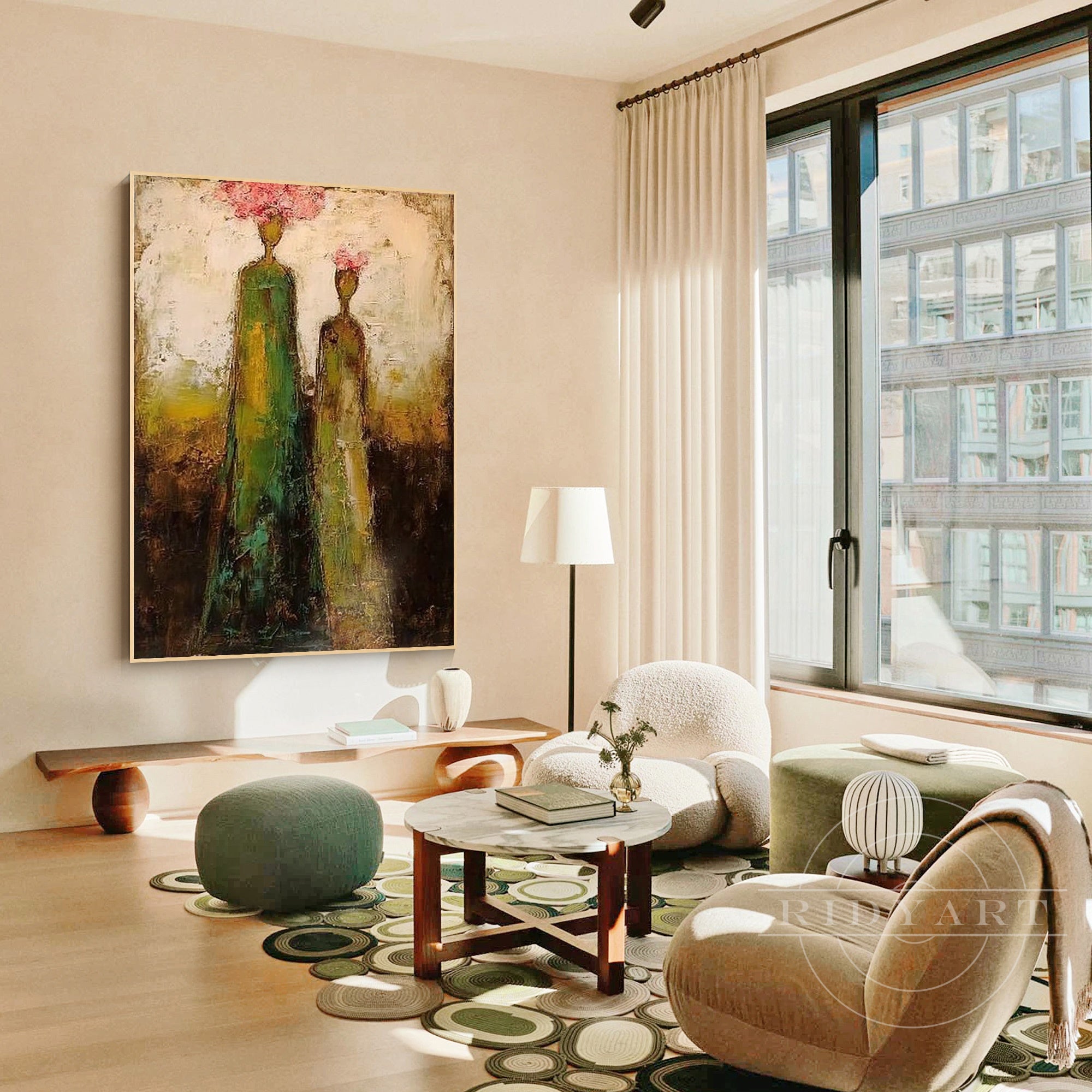 beige brown green woman figure painting living room decor