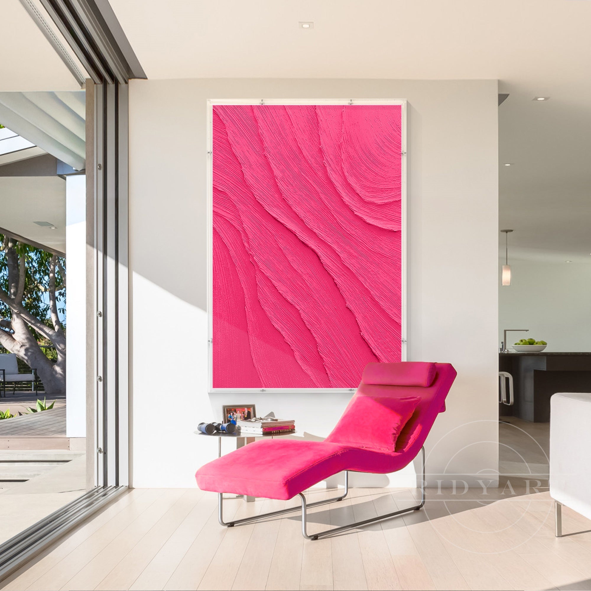 Large pink abstract canvas painting with acrylic texture above sofa