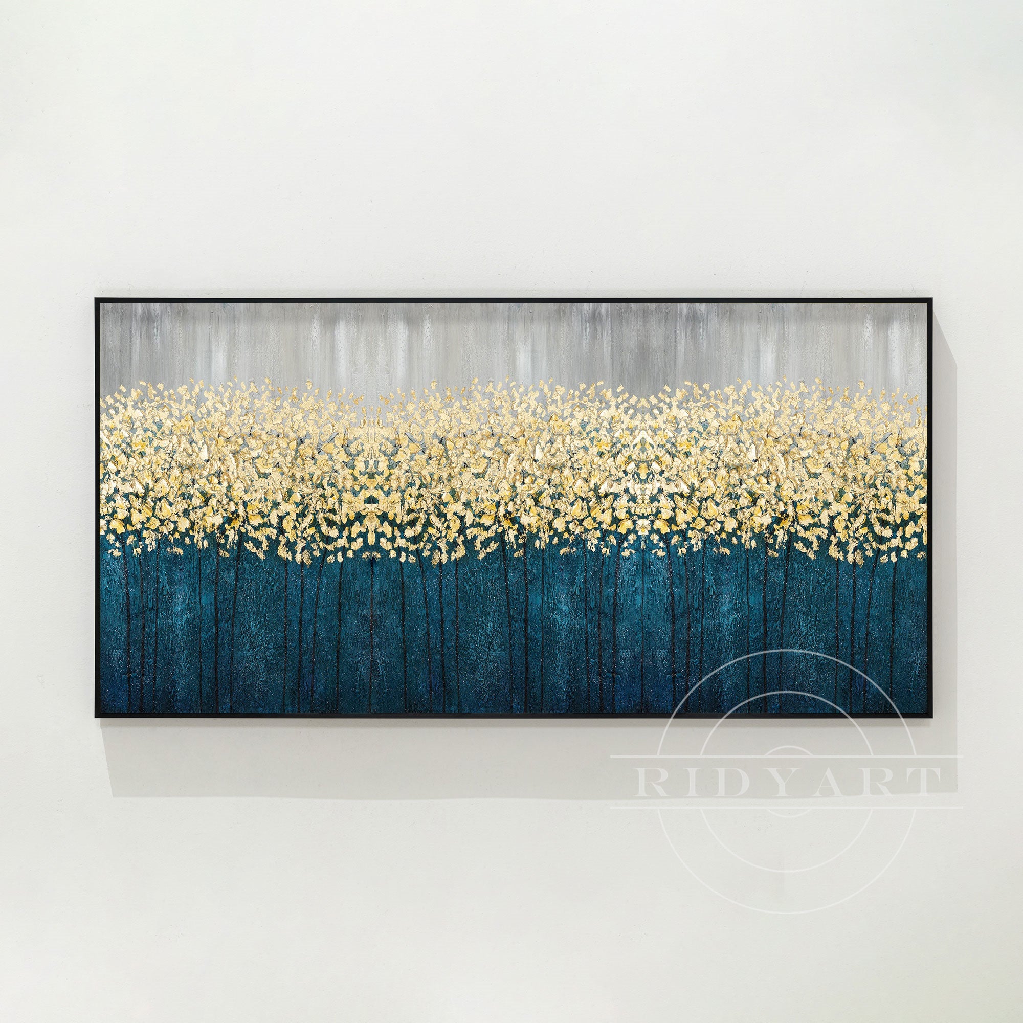 Abstraktes Gemälde mit goldenen Blumen – 3D-Wandbild in Blaugrün