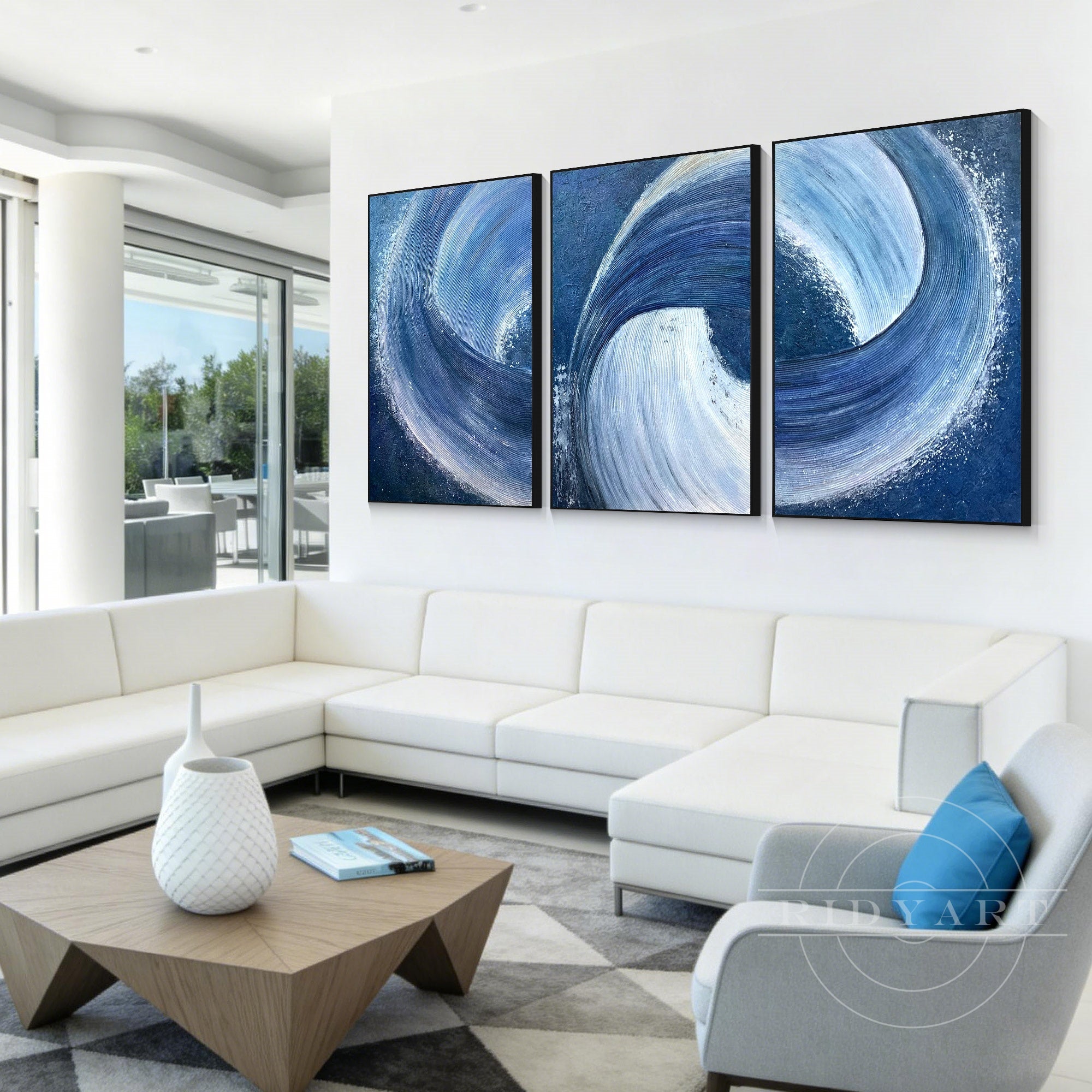 Large navy blue minimalist textured wall art set of 3 panels