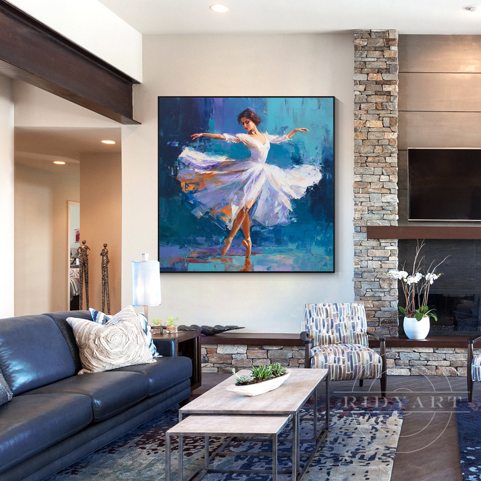 blue white ballet dancer artwork living room decor