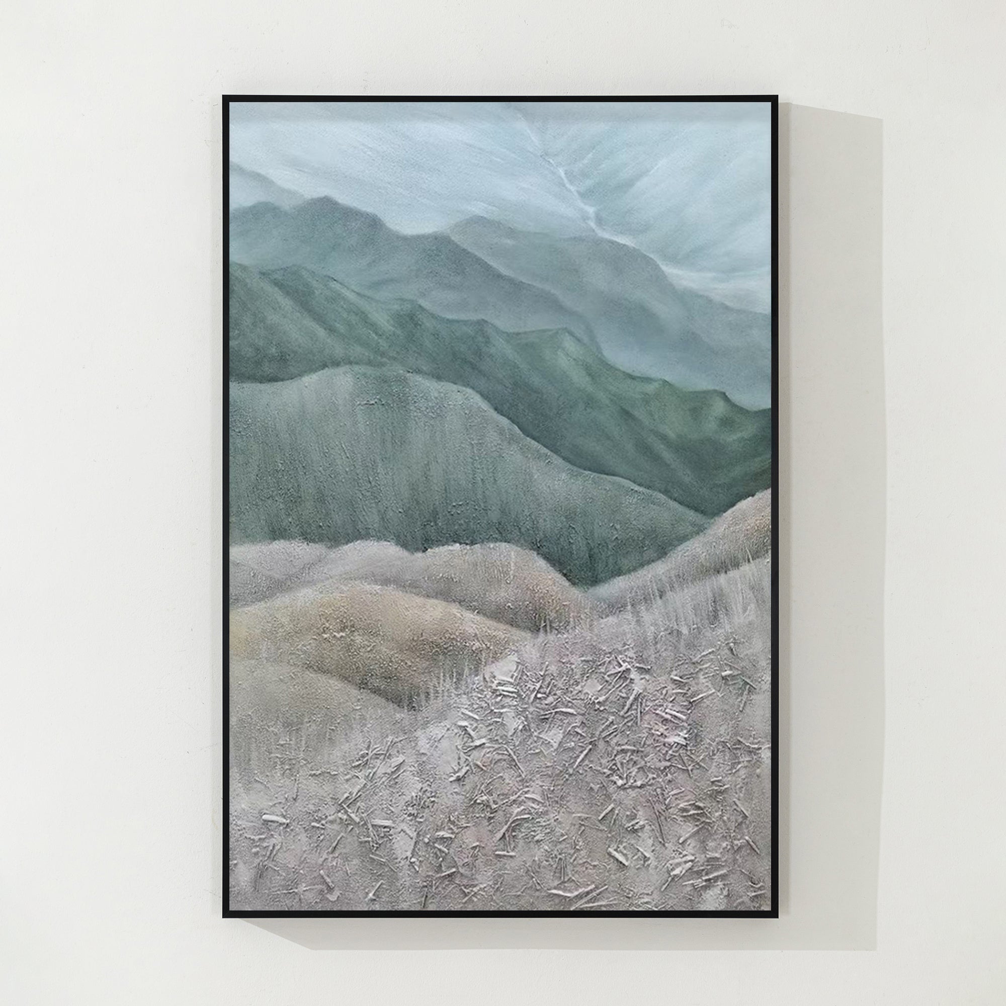 Gray Green Mountains Textured Vertical Wall Art