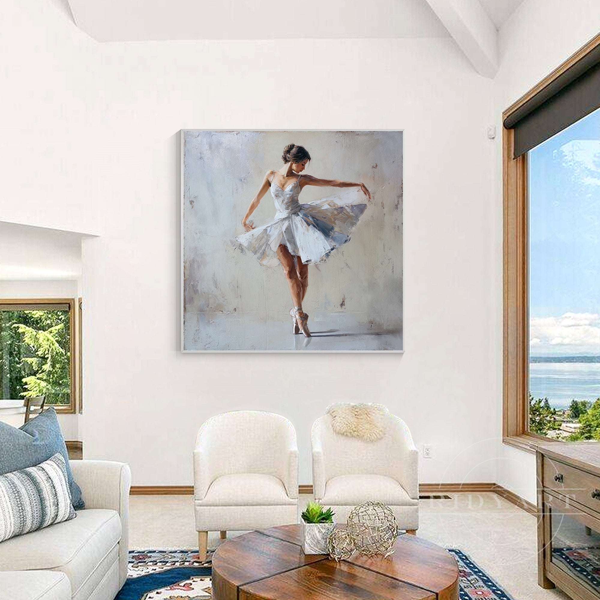 Gray white ballerina canvas textured ballet dancer wall art