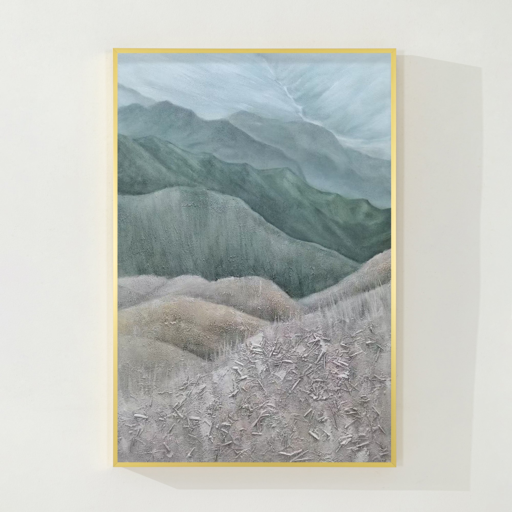 Gray Green Mountains Textured Vertical Wall Art