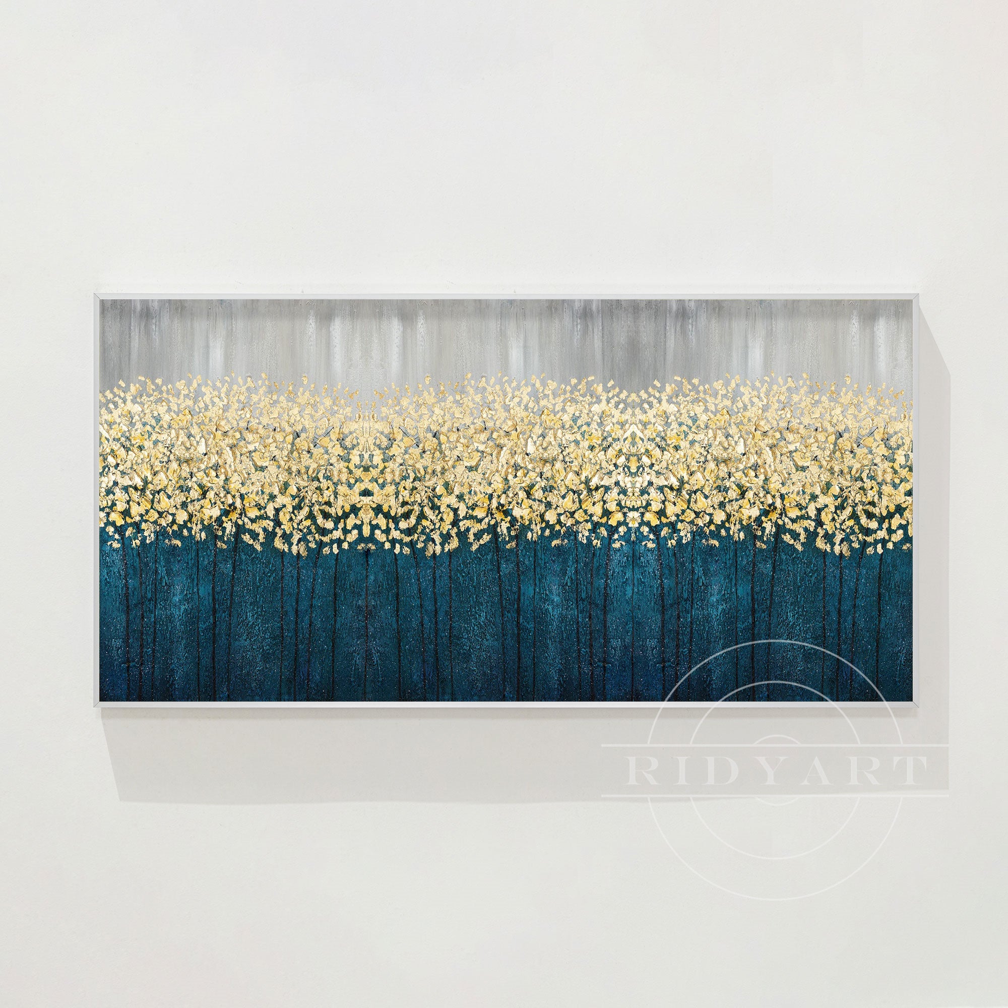 Abstraktes Gemälde mit goldenen Blumen – 3D-Wandbild in Blaugrün