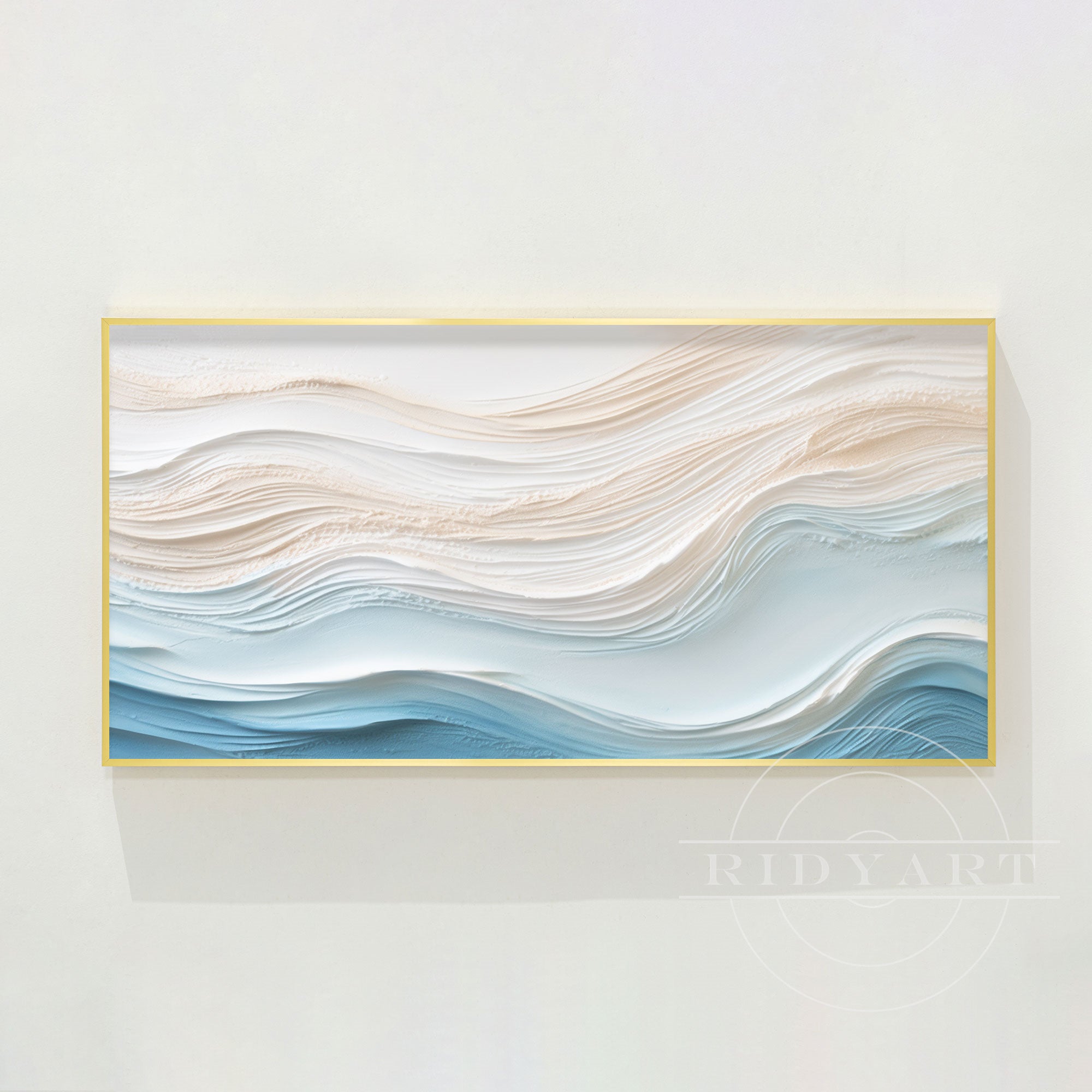 Blue Beige Abstract Ocean Waves - 3D Textured Art