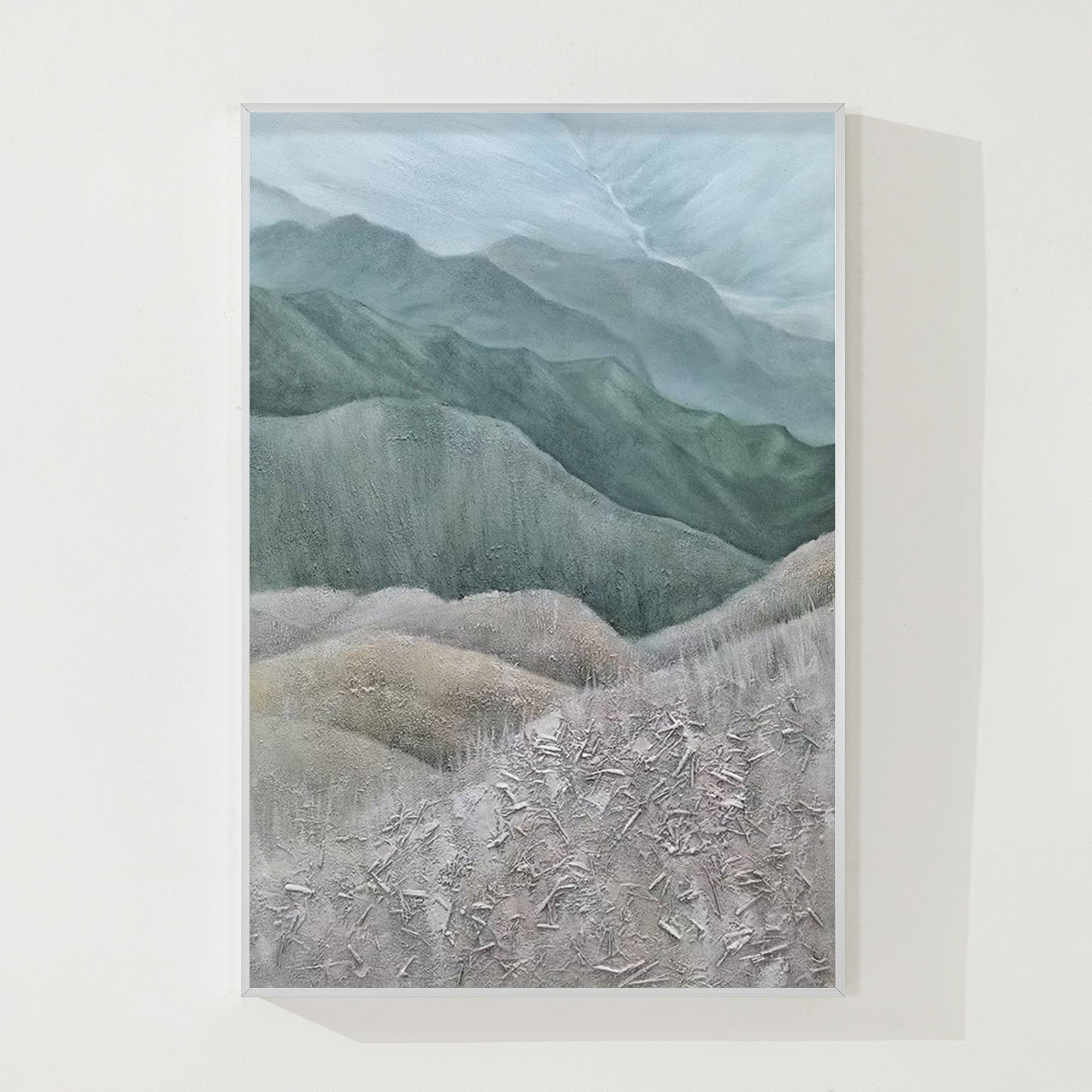 Gray Green Mountains Textured Vertical Wall Art