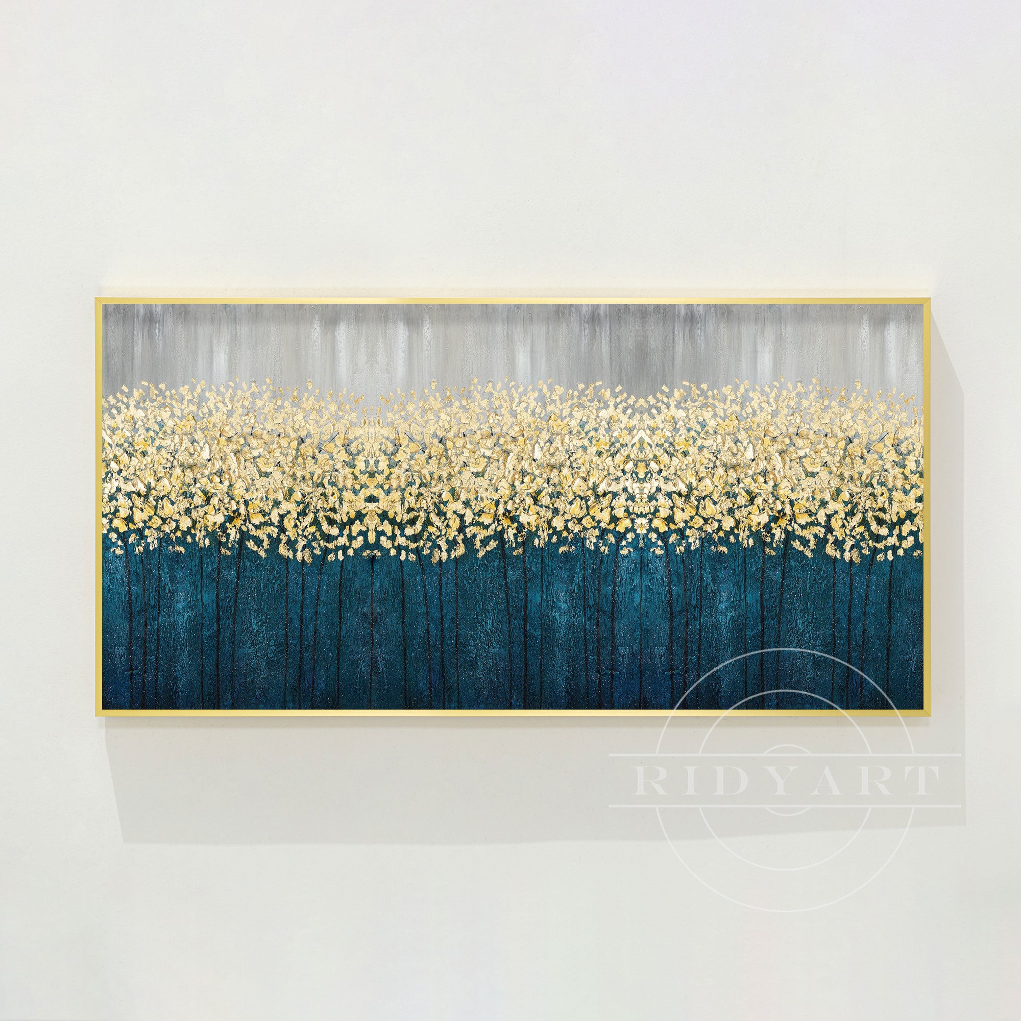 Abstraktes Gemälde mit goldenen Blumen – 3D-Wandbild in Blaugrün