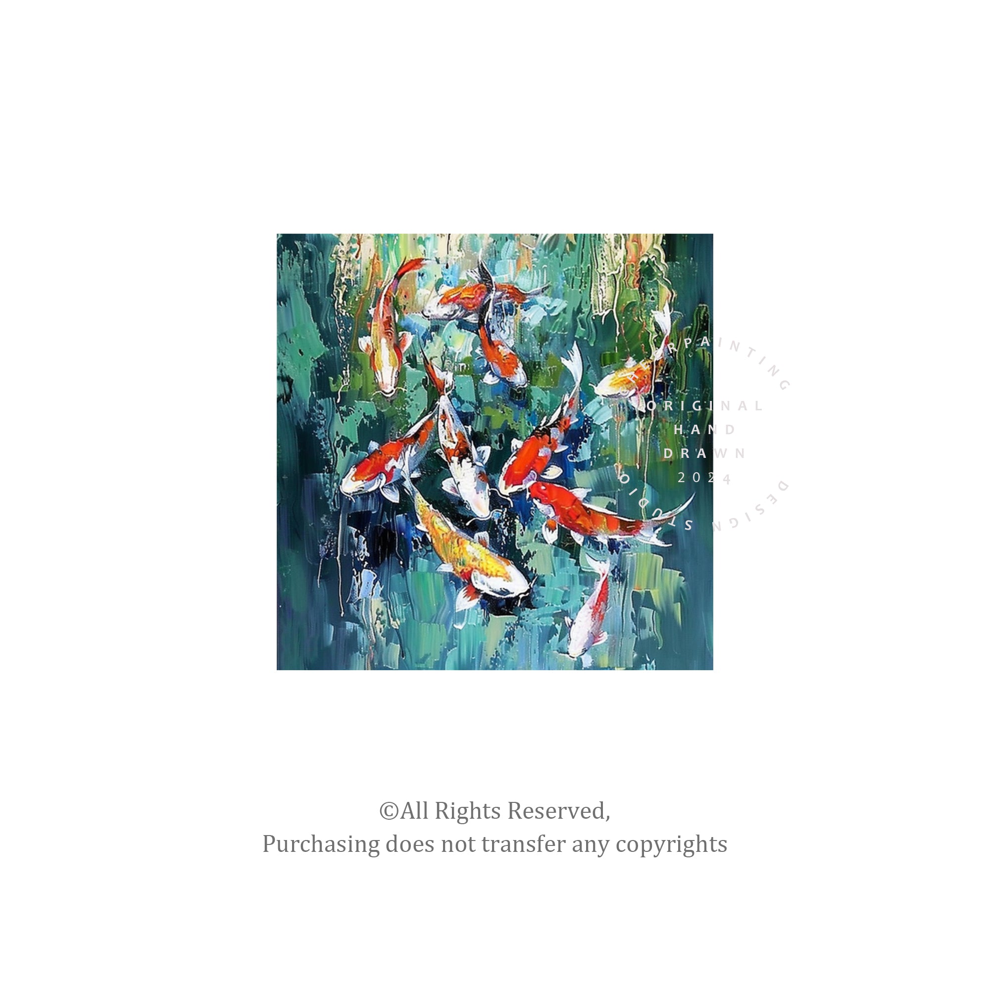 Original Koi Fisch Gemälde - Feng Shui Quadratische grüne Wandkunst