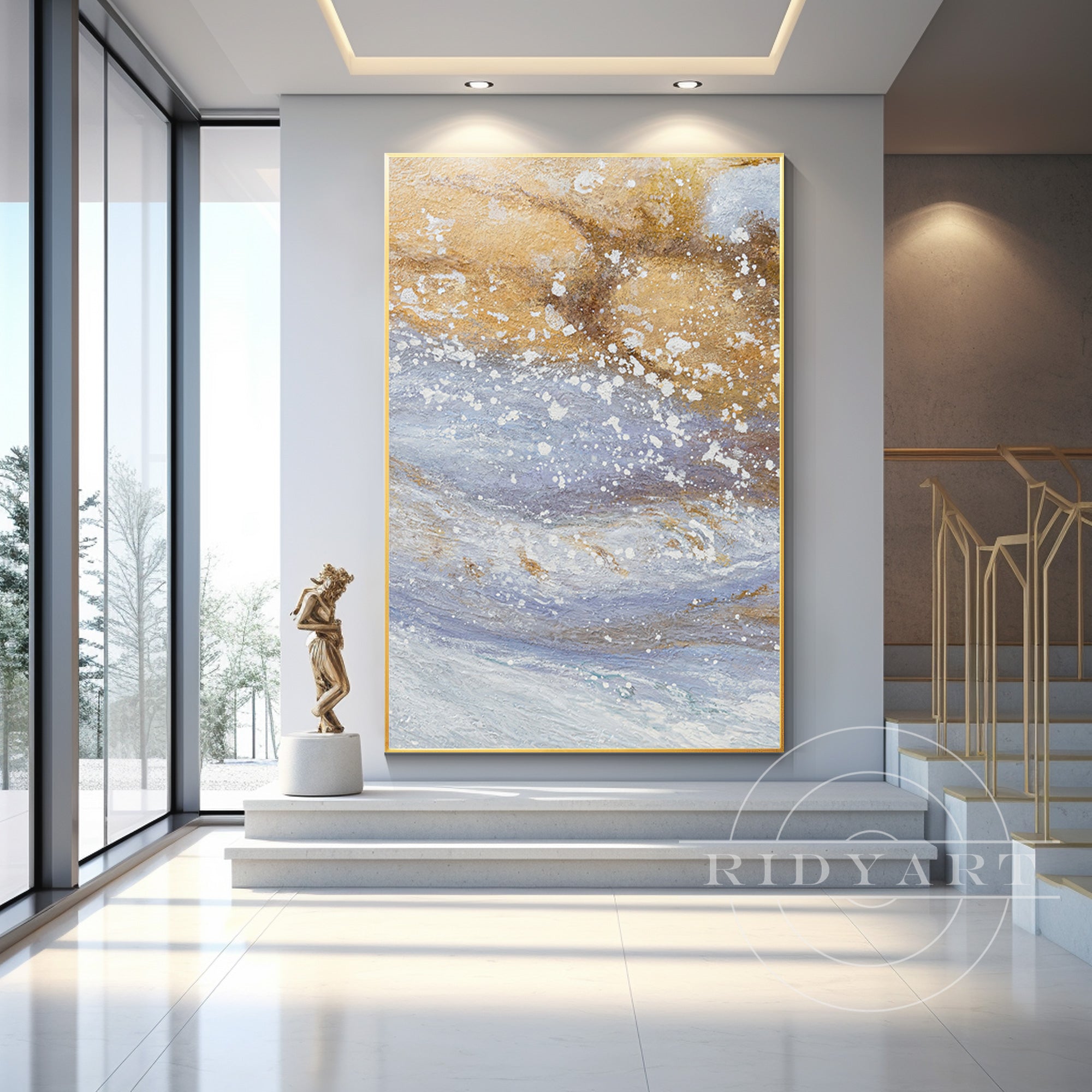 Abstract beach wall art with white sand, blue water, and gold-glitter sea foam, featuring beige and blue sand swirls with gold accents in a minimalist, textured style.