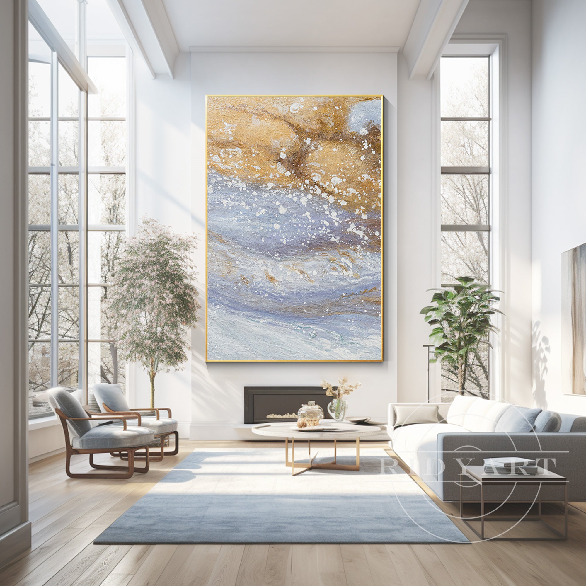 Abstract beach wall art with white sand, blue water, and gold-glitter sea foam, featuring beige and blue sand swirls with gold accents in a minimalist, textured style.