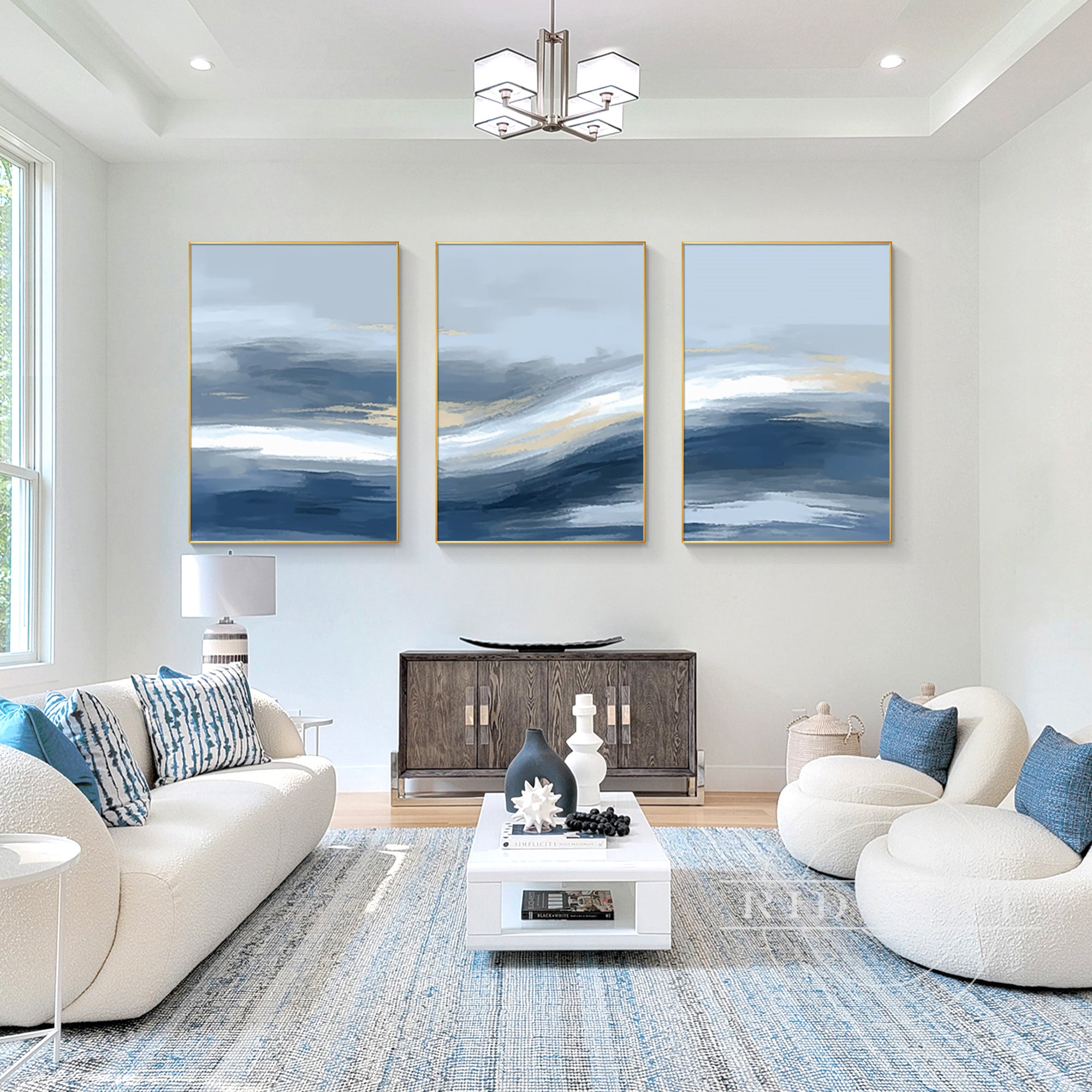 Three-piece blue and gold wall art – contemporary design