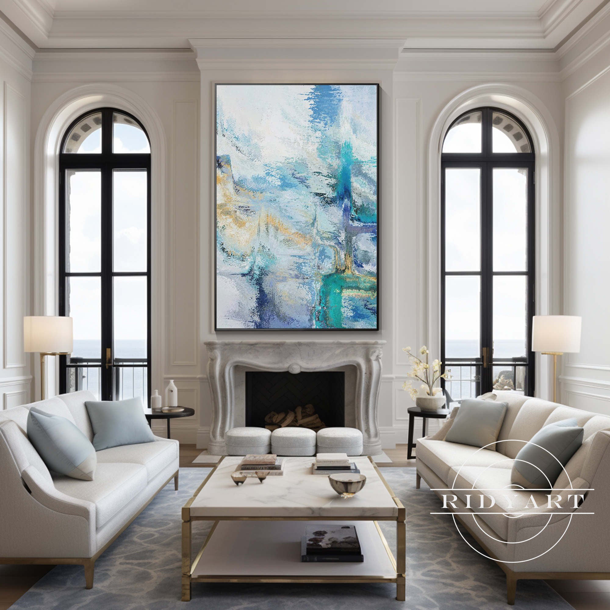 Abstract blue wall art featuring vibrant shades of blue and dynamic shapes, perfect for modern home decor