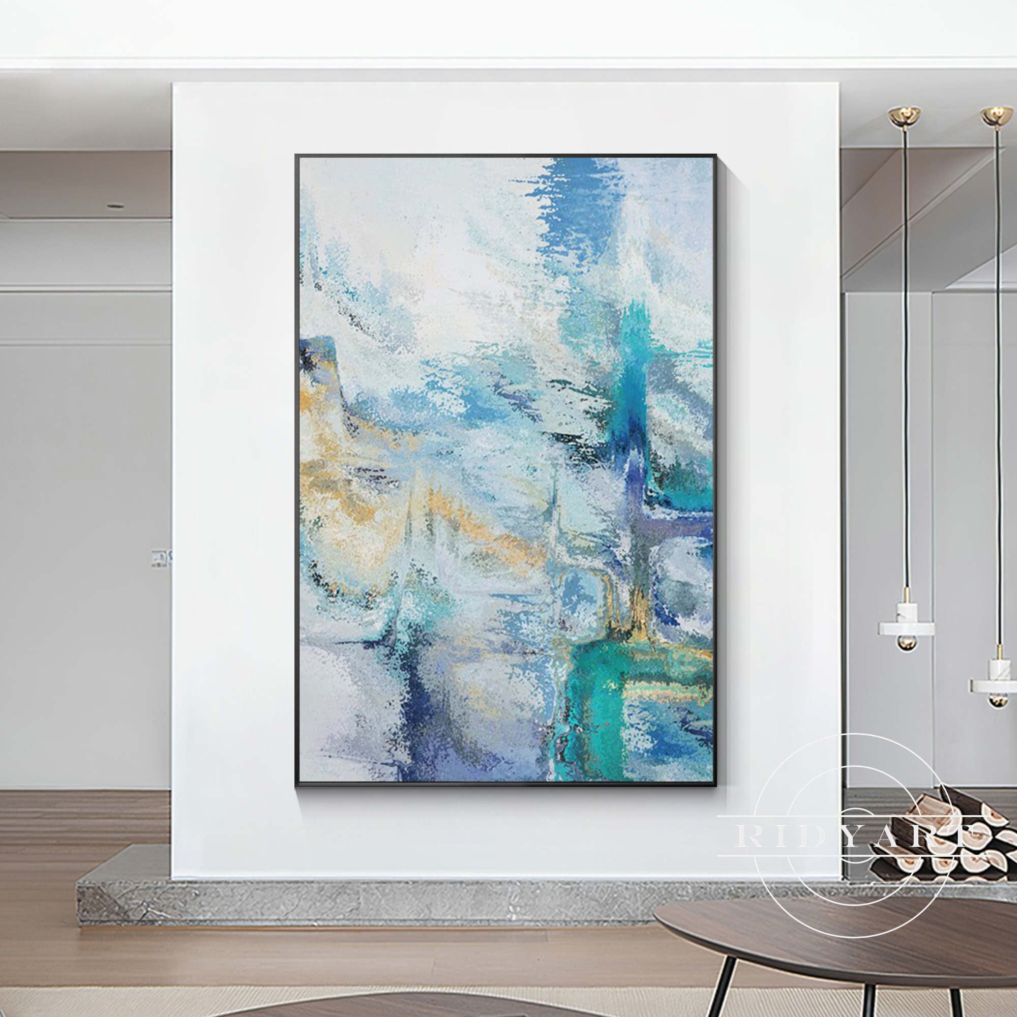 Abstract blue wall art featuring vibrant shades of blue and dynamic shapes, perfect for modern home decor