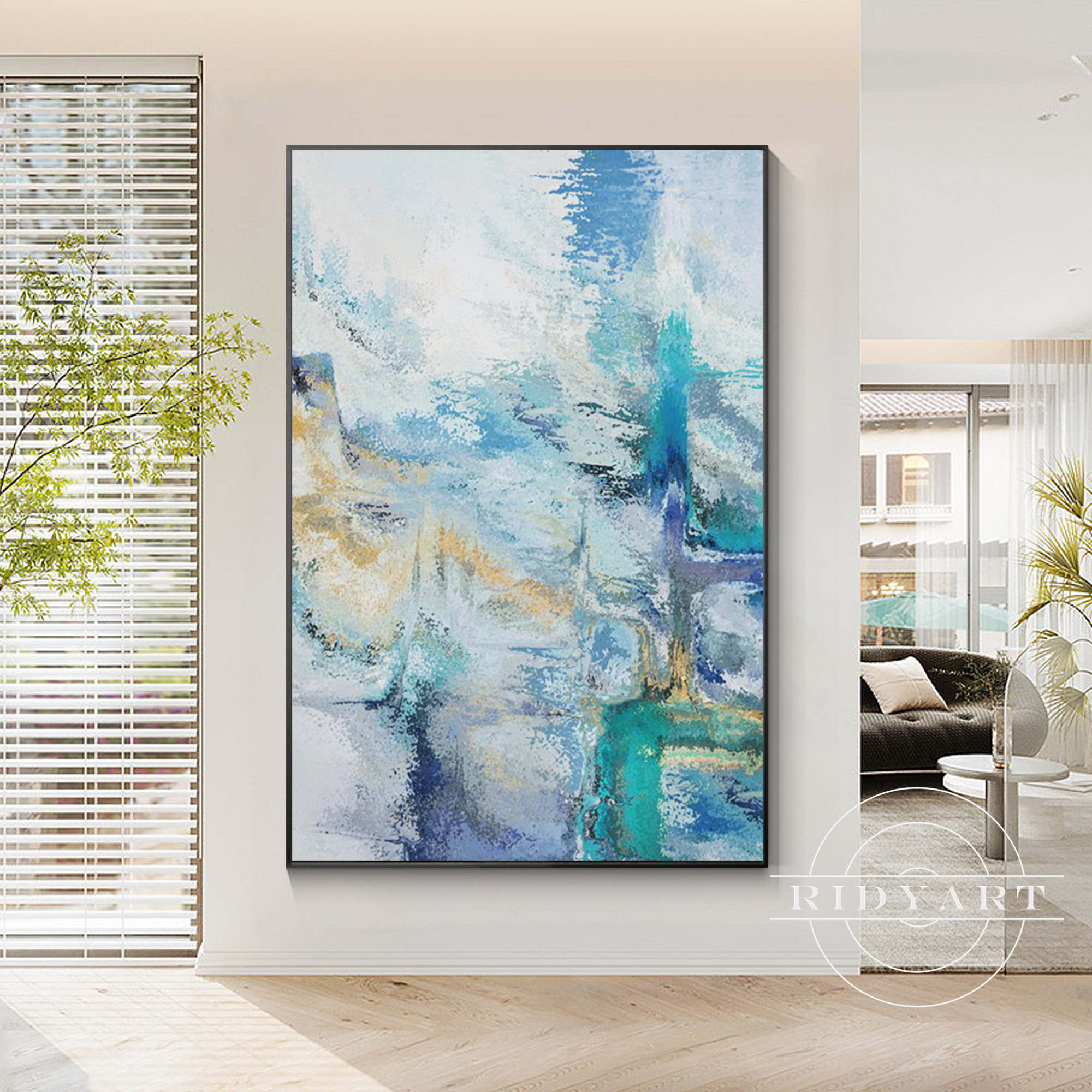 Abstract blue wall art featuring vibrant shades of blue and dynamic shapes, perfect for modern home decor
