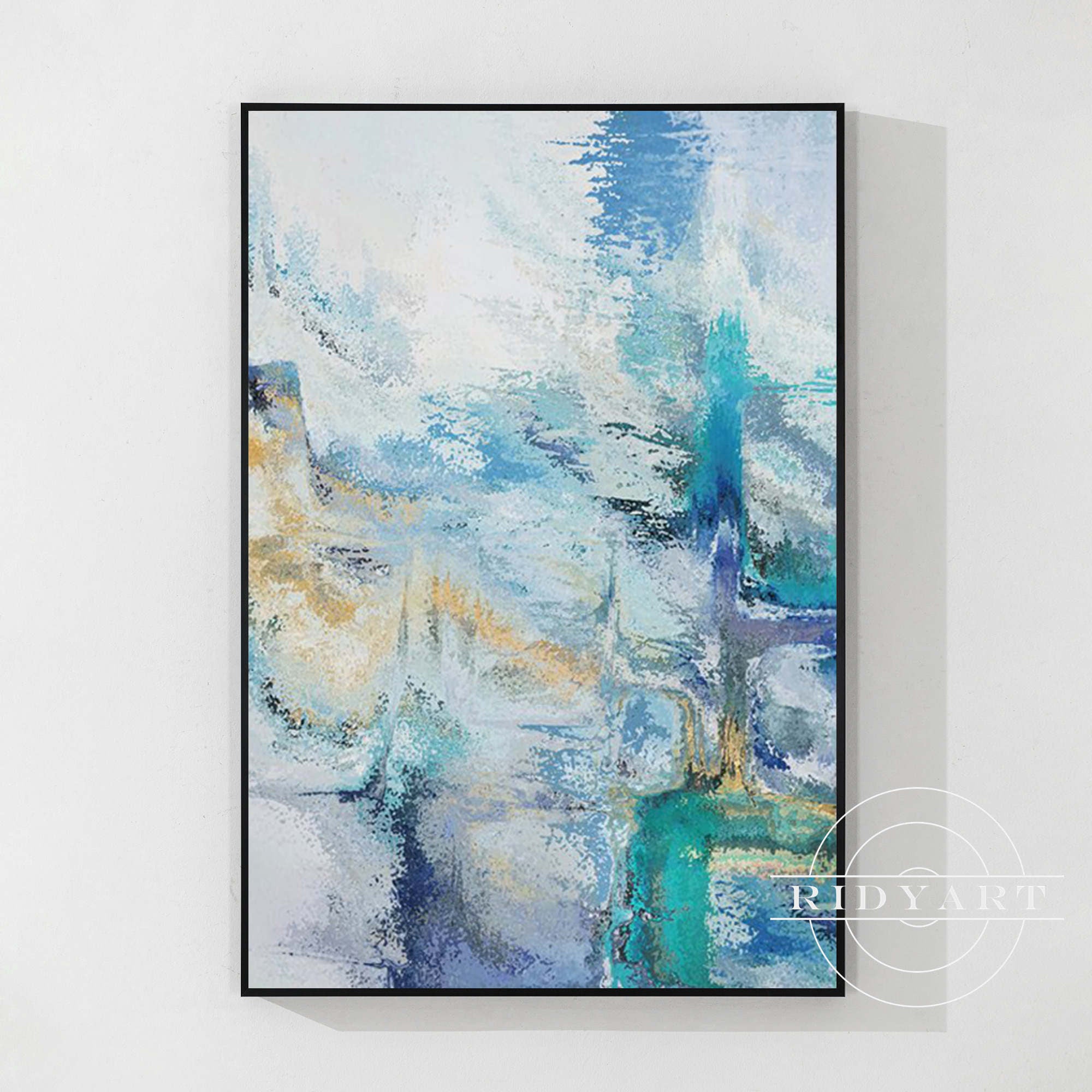 Abstract blue wall art featuring vibrant shades of blue and dynamic shapes, perfect for modern home decor