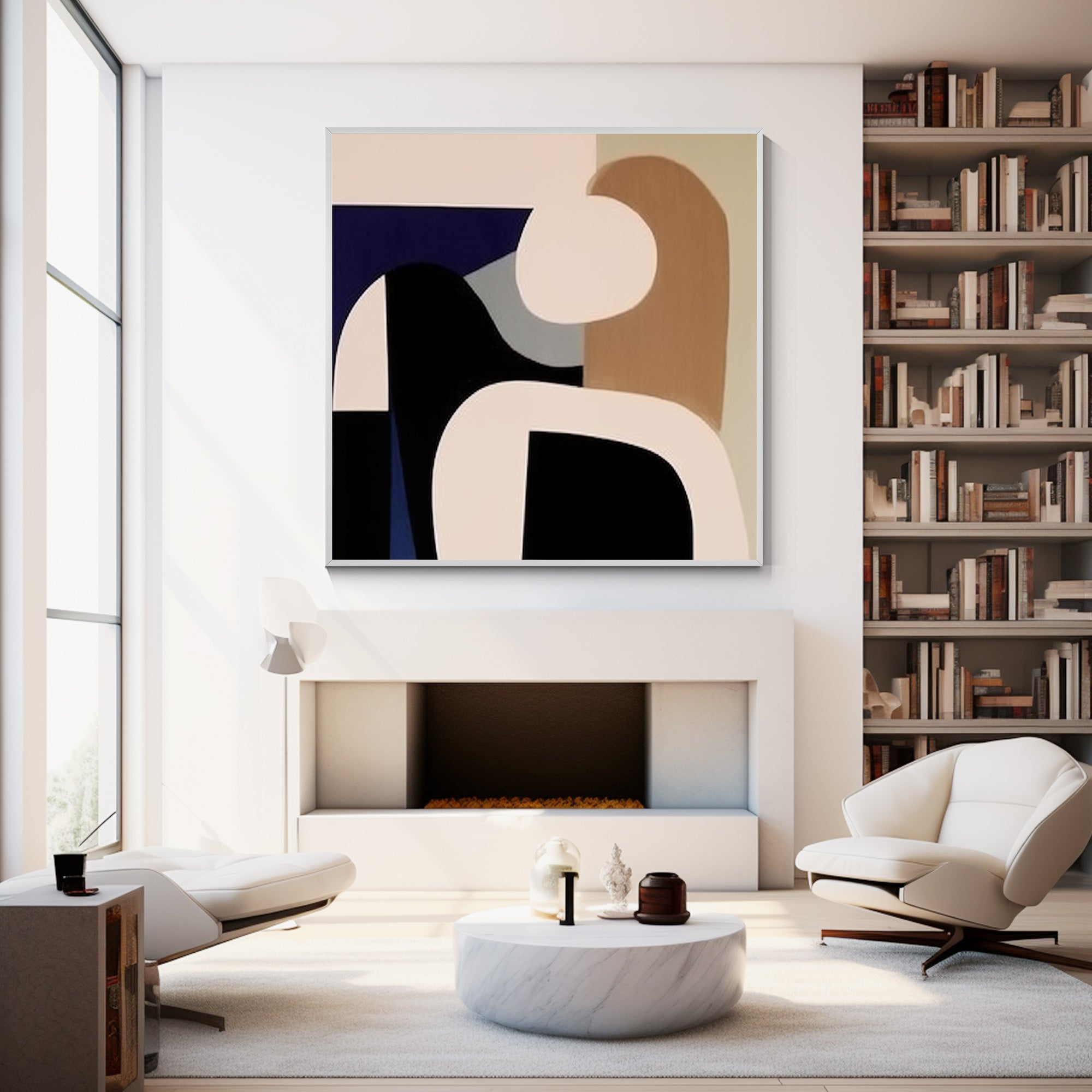 Abstract geometric painting featuring blue, black, and brown tones, showcasing dynamic shapes and modern artistic design