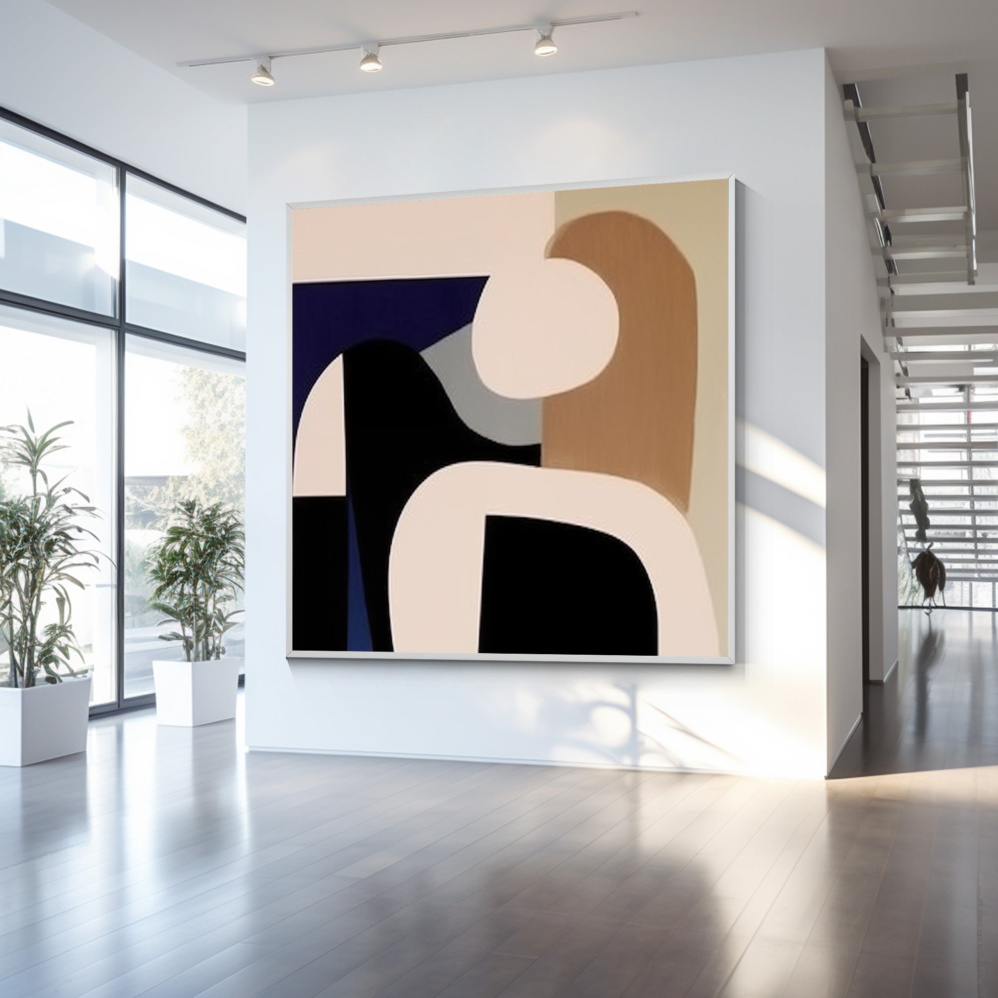 Abstract geometric painting featuring blue, black, and brown tones, showcasing dynamic shapes and modern artistic design